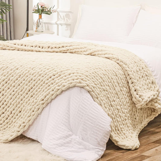 Bigacogo Chunky Knit Throw Blanket for Couch, 40x80 inches, 100% Hand Knitted with Thick Jumbo Chenille Yarn, Cozy Soft Large Rope Knot Cable Crochet Blankets for Sofa Bed Living Room, Beige