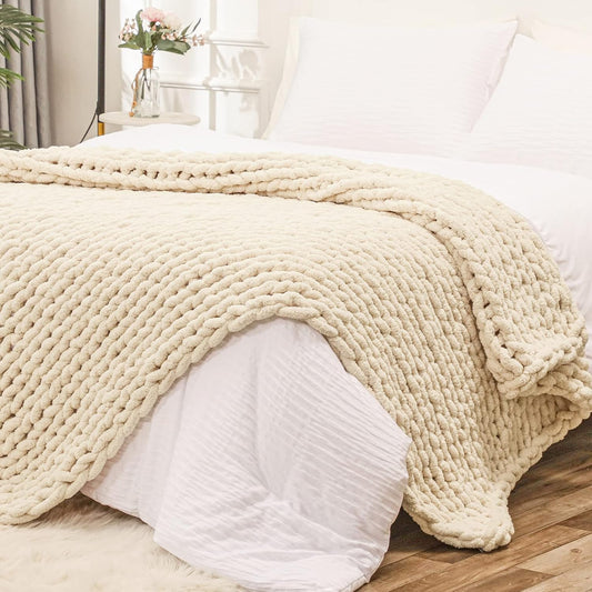 Bigacogo Chunky Knit Throw Blanket for Couch, 51x63 inches, 100% Hand Knitted with Thick Jumbo Chenille Yarn, Cozy Soft Large Rope Knot Cable Crochet Blankets for Sofa Bed Living Room, Beige