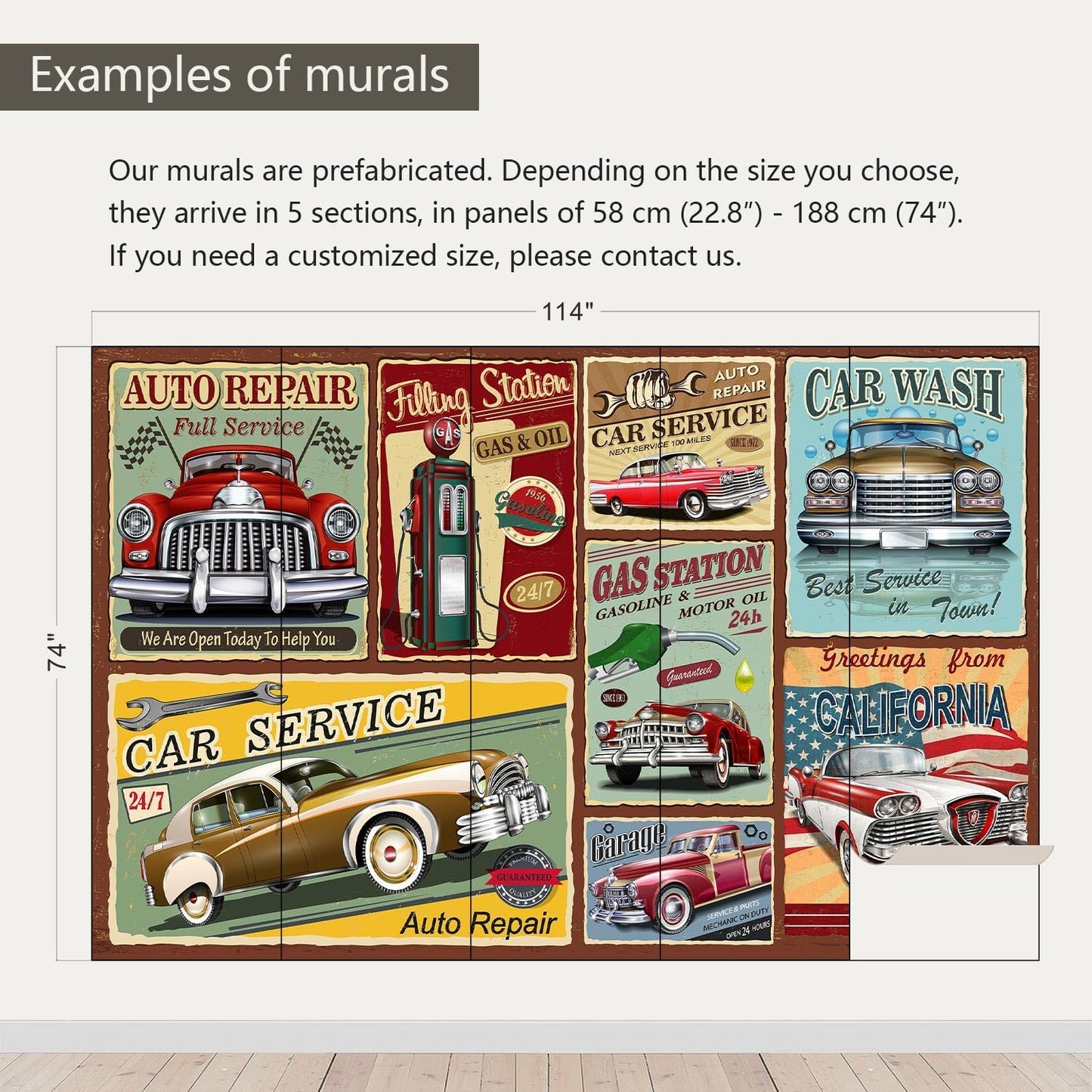 AFZEVEB-Car Poster Wallpaper Vintage Wall murals for Bedroom 114"x74" (Not Peel and Stick)