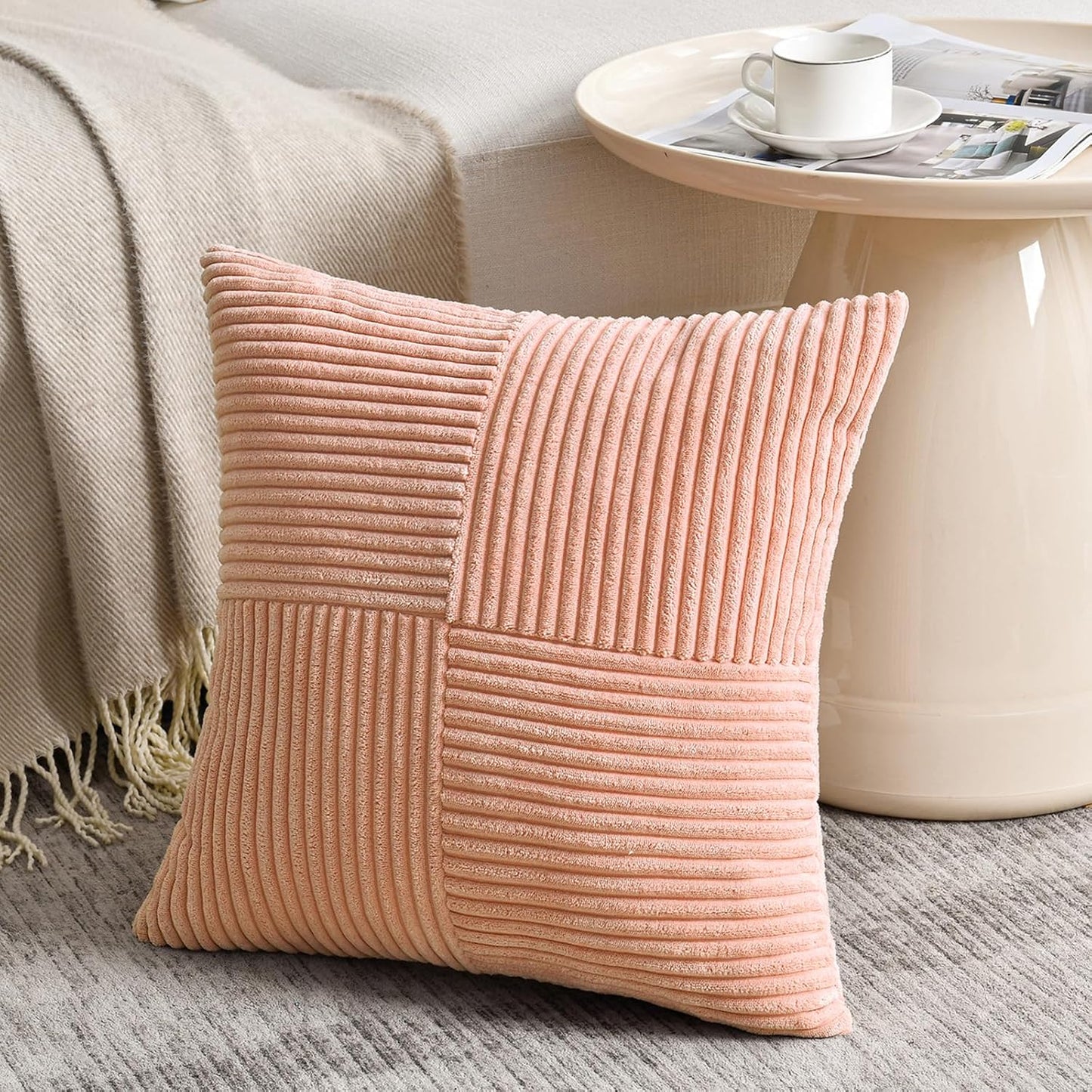 Fancy Homi 2 Packs Peach Decorative Throw Pillow Covers 16x16 Inch for Living Room Couch Bed Sofa, Rustic Farmhouse Boho Home Decor, Soft Corss Patchwork Corduroy Textured Square Cushion Case 40x40 cm