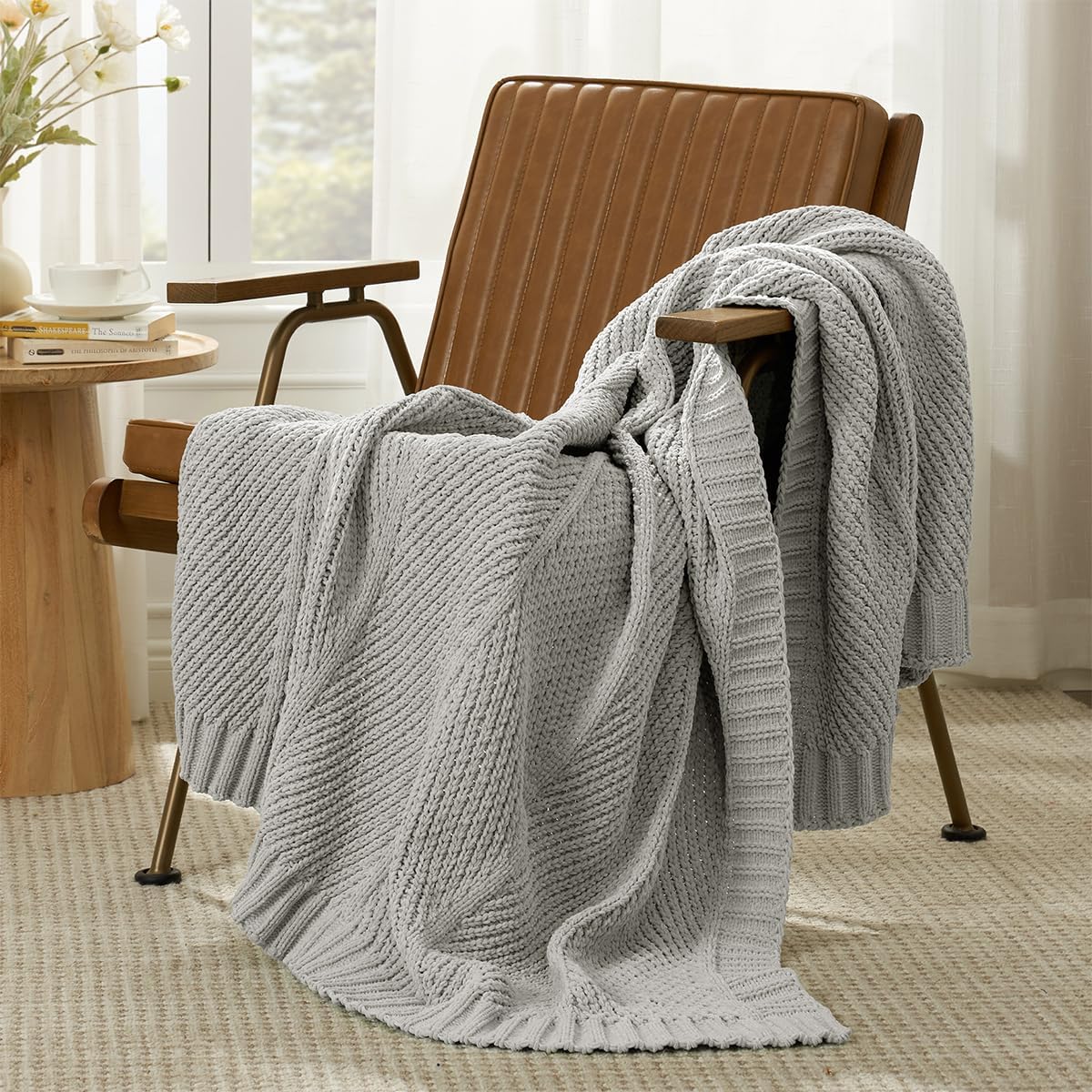 Amélie Home Chenille Knit Throw Blanket for Couch, Chevron Texture Decorative Soft Blanket for Sofa, Bed & Chair, 50"x60", Light Grey