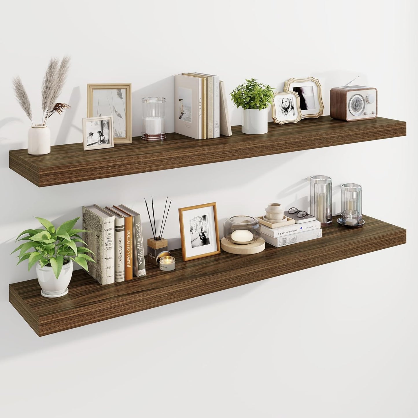 Marsmiles 55" Floating Shelves for Wall, Wooden Shelves with Invisible Brackets Set of 2, Rustic Farmhouse Wall Mounted Shelf for Kitchen Bathroom Living Room Study, Walnut