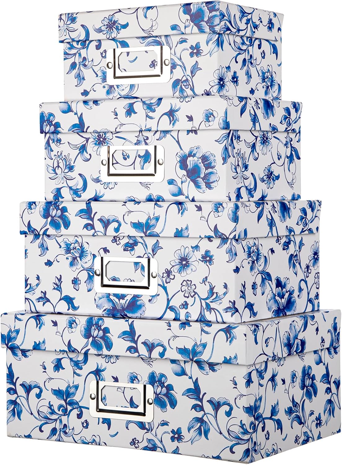 Briful Decorative Photo Storage Boxes with Lids, Set of 4 – Blue and White Porcelain Pattern, Nested Card Storage Box Organizer, Decorative Paperboard Box for Closet, Office, Gifts,Cosmetic,Books