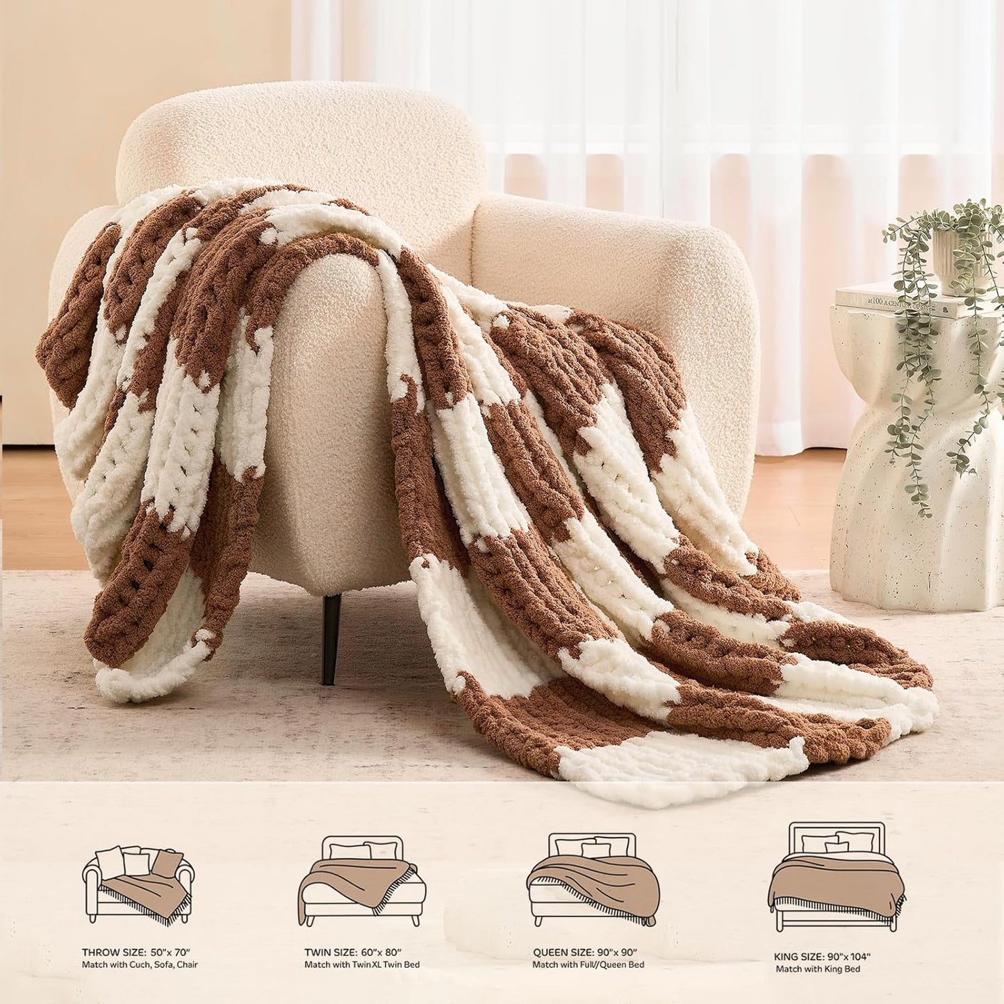 L'AGRATY Chunky Knit Blanket Throw: 50''x60'' Chenille Chunky Knitted Throw Blankets for Bed Couch - Handmade Thick Cable Knit Blanket - Large Crochet Rope Blankets for Home Decor(Brown Checkered)