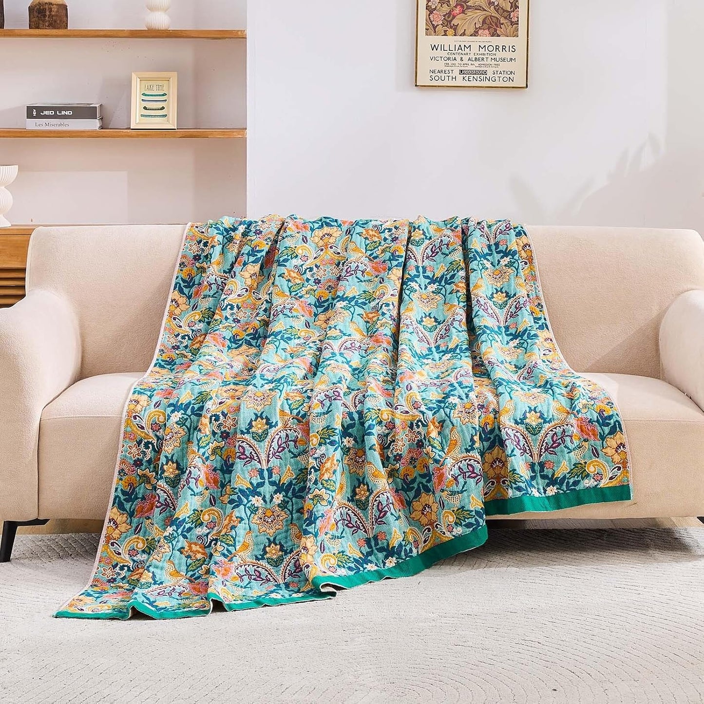 Boho Blanket Throw Quilt, 100% Cotton Soft Light Weight Throw Blankets for Summer, 60"x80" Farmhouse Flower Decorative Blankets, All Season Rustic Reversible Bohemian Throw Quilt