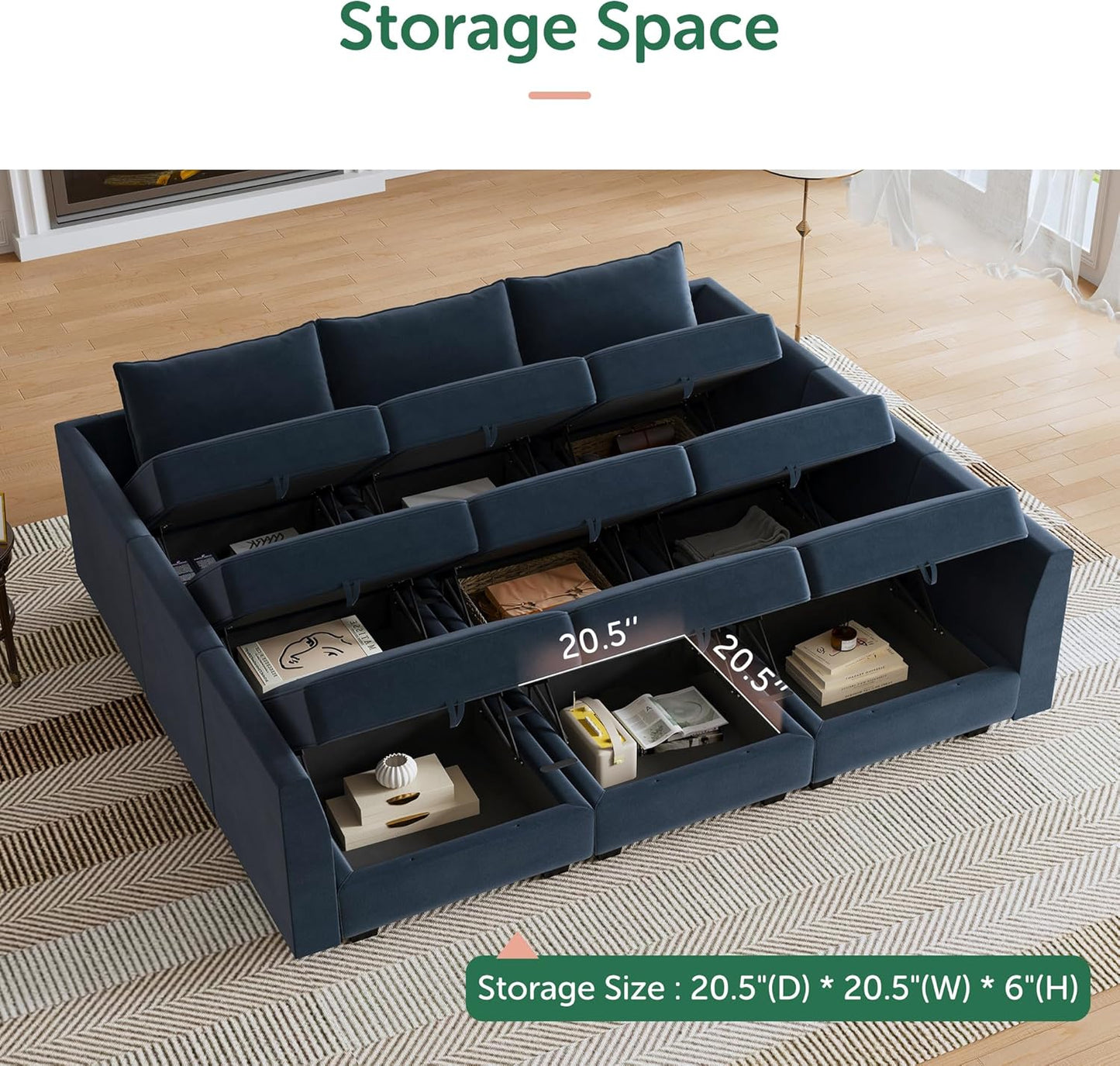 HONBAY Sectional Sleeper Sofa Velvet Sectional Sleeper Couch with Storage Modular Sleeper Sectional Sofa Couch for Living Room,Dark Blue