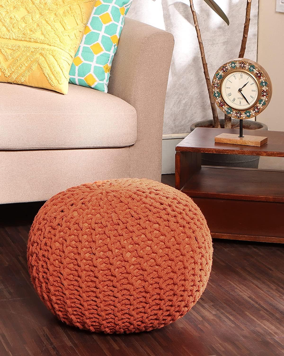 REDEARTH Round Pouf Ottoman - Hand Knitted Cable Boho Poof - Pouffe Circular Footrest for Living Room - Bedroom - Patio - 100% Cotton (19.5"x19.5"x14") - Burnt Orange