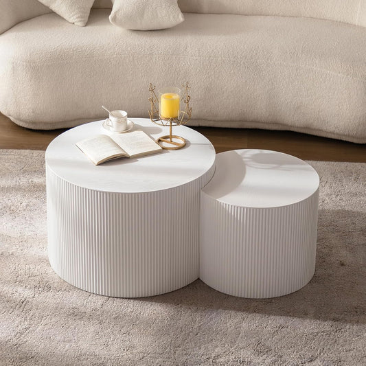 Round Nesting Coffee Table Modern White Fluted Coffee Table Set of 2 Stripe Round Coffee Tables Drum Crescent Side Table Accent End Table for Living Room (White A Small)