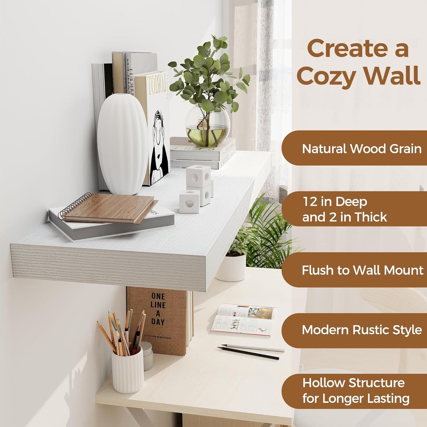 White Floating Shelves 36 Inch Long, 12 Inch Deep Floating Shelves for Wall, 36 x 12 Shelves for Wall Storage & Display, 2" Thick Floating Shelf for Bathroom, Living Room, Bedroom, Set of 2