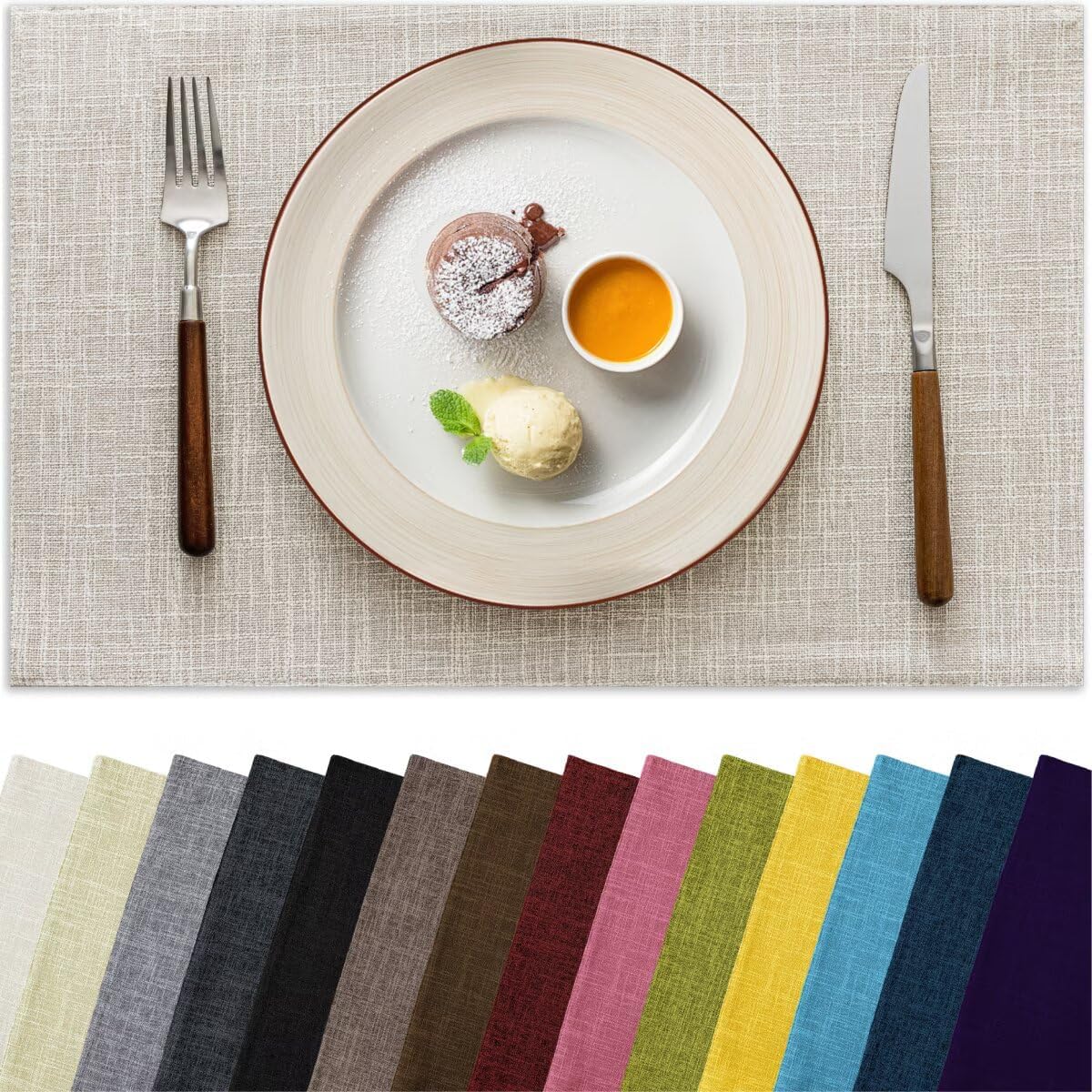 Placemats Set of 6, Bilayer Thickened Linen Place Mats Heat Resistant Machine Washable Wrinkle Free Carefully Selected Polyester Mats for Kitchen/Dining/Coffee Table (Cream Beige)