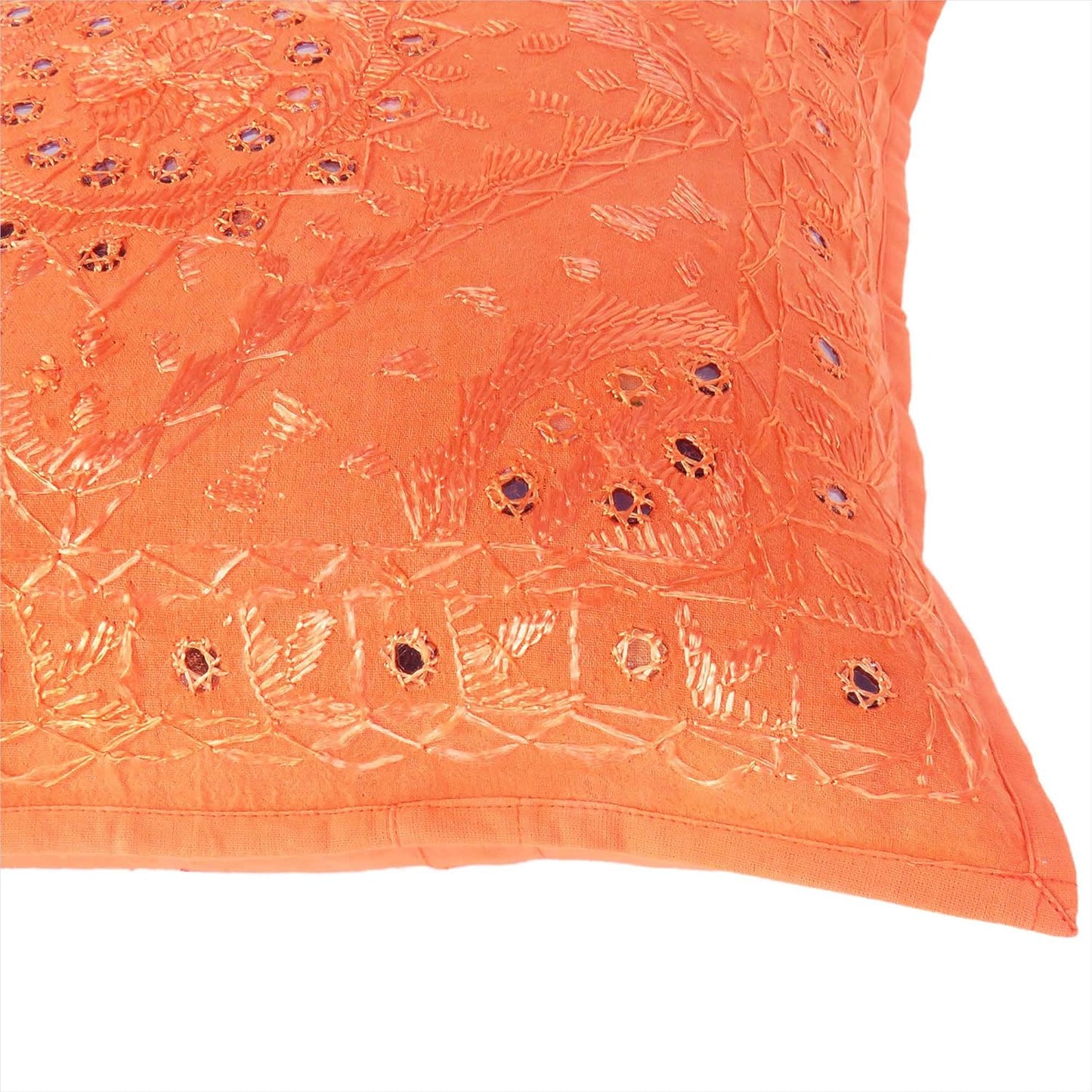 Eyes of India Embroidered Decorative Boho Throw Pillow Cover with Mirrors, Handmade Bohemian Accent Cushion Case for Sofa Couch Bedroom Living Room (Orange, 16" x 16")