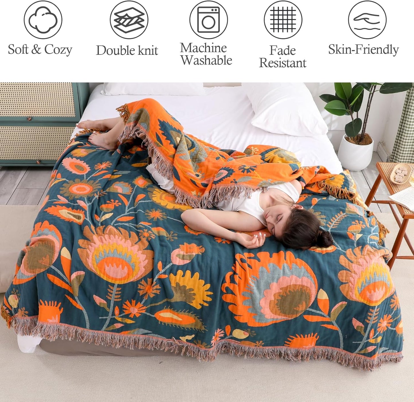 Snycler Boho Throw Blanket for Bed, 100% Organic Cotton Muslin Soft Throw-Orange Boho Floral Farmhouse Rustic Spring Summer Fall Decor Blanket for Couch Sofa Quilt and Gift, 80" x 90"
