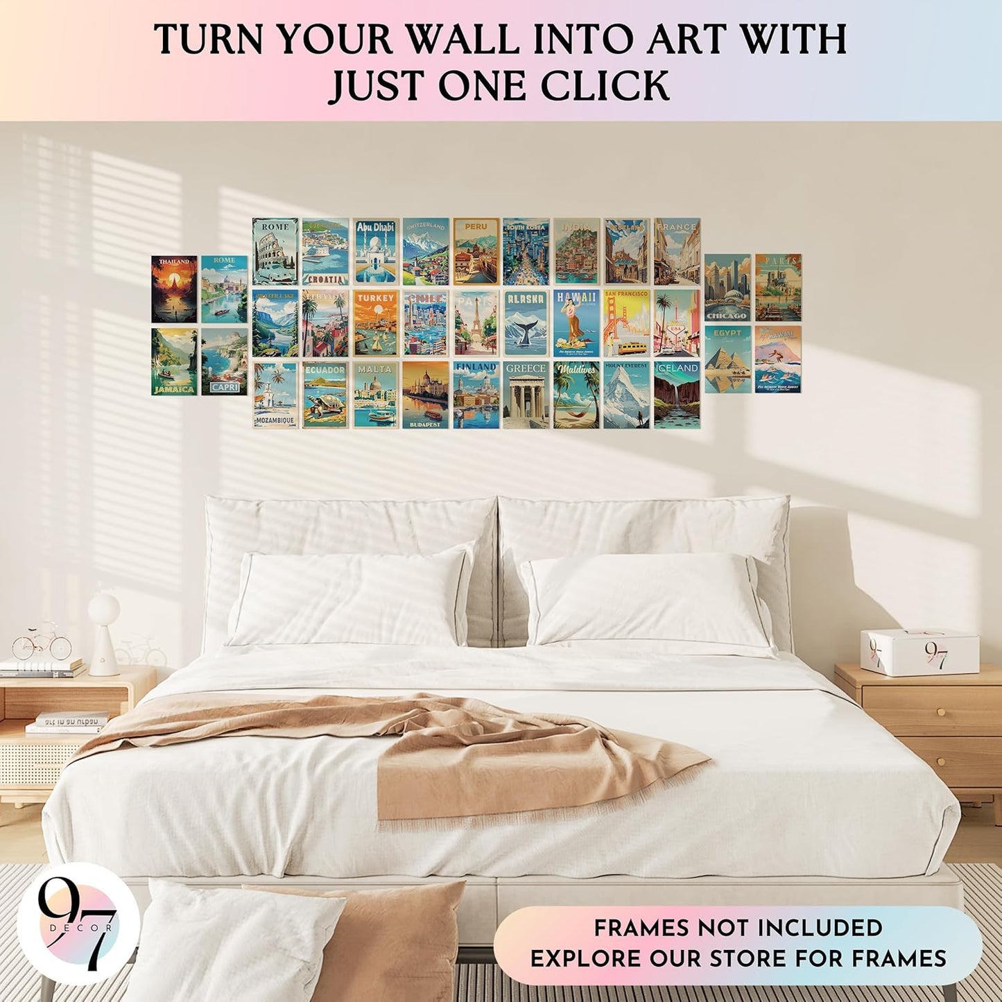 97 Decor Vintage Travel Decor - Travel Posters Wall Art Prints, Vintage Postcards from Around The World, City Landscape Aesthetic Pictures Retro Popular Cities Photo Collage Kit for Teen Bedroom (4x6)