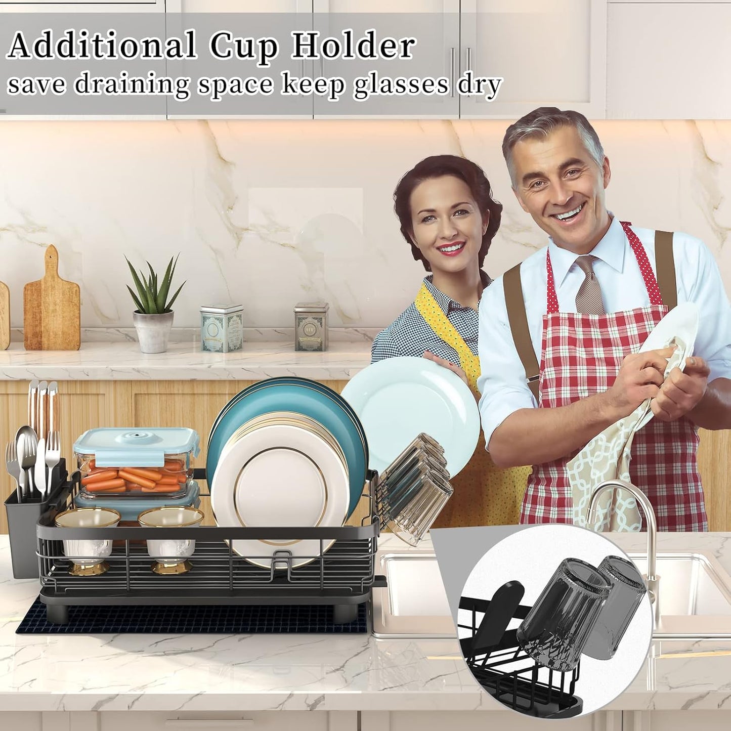 Godboat Dish Drying Rack, Dish Rack with Auto-Drain & Mat, Dish Drainers for Kitchen Counter, Glass Organizer for 4 Cups, 3 Slots Utensil Holder, Gifts for Women Mothers Day, Kitchen Gadgets & Decor