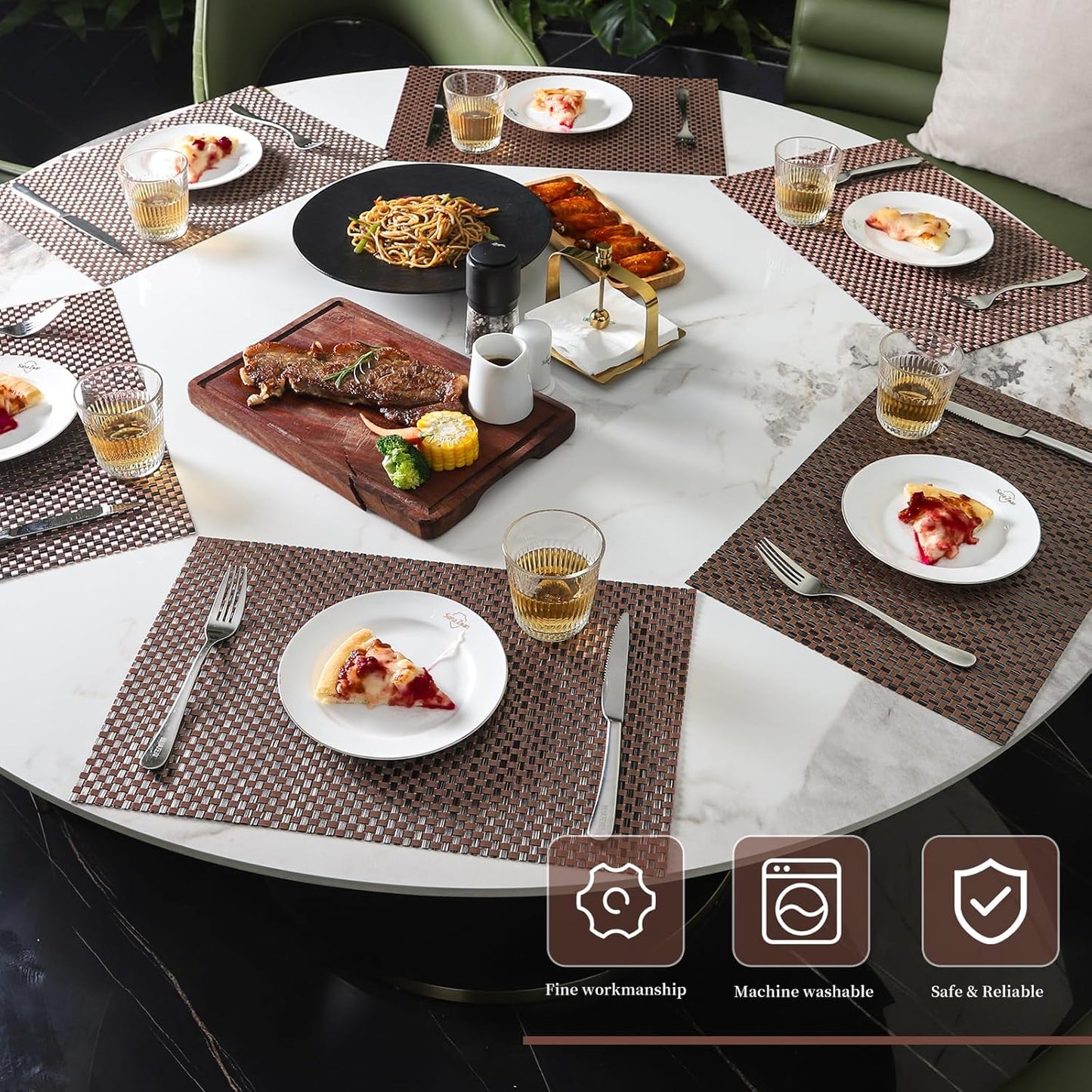 Vinyl Plastic Placemats Set of 6 Washable Heat Resistant Non-Slip Elegant Indoor Outdoor Kitchen Dining PVC Woven Table Place Mats (Black Red Weaving)