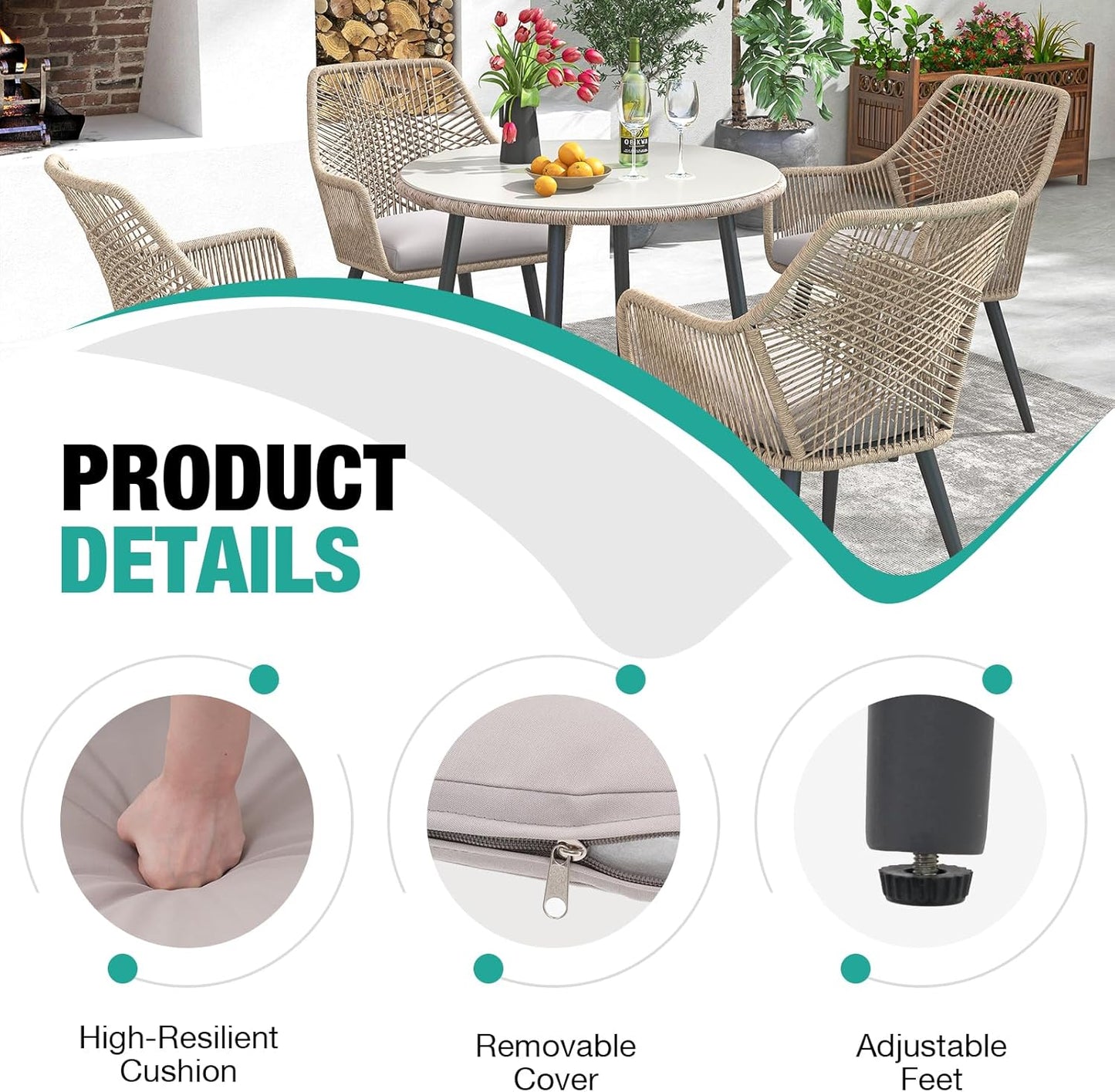 Patiorama Patio Dining Chair Set of 6, Woven Rope Outdoor Dining Chair w/Steel Frame, All-Weather Twisted Rattan Chairs w/Armrest & Cushion, Outdoor Dining Wicker Chairs for Backyard Garden(Beige)