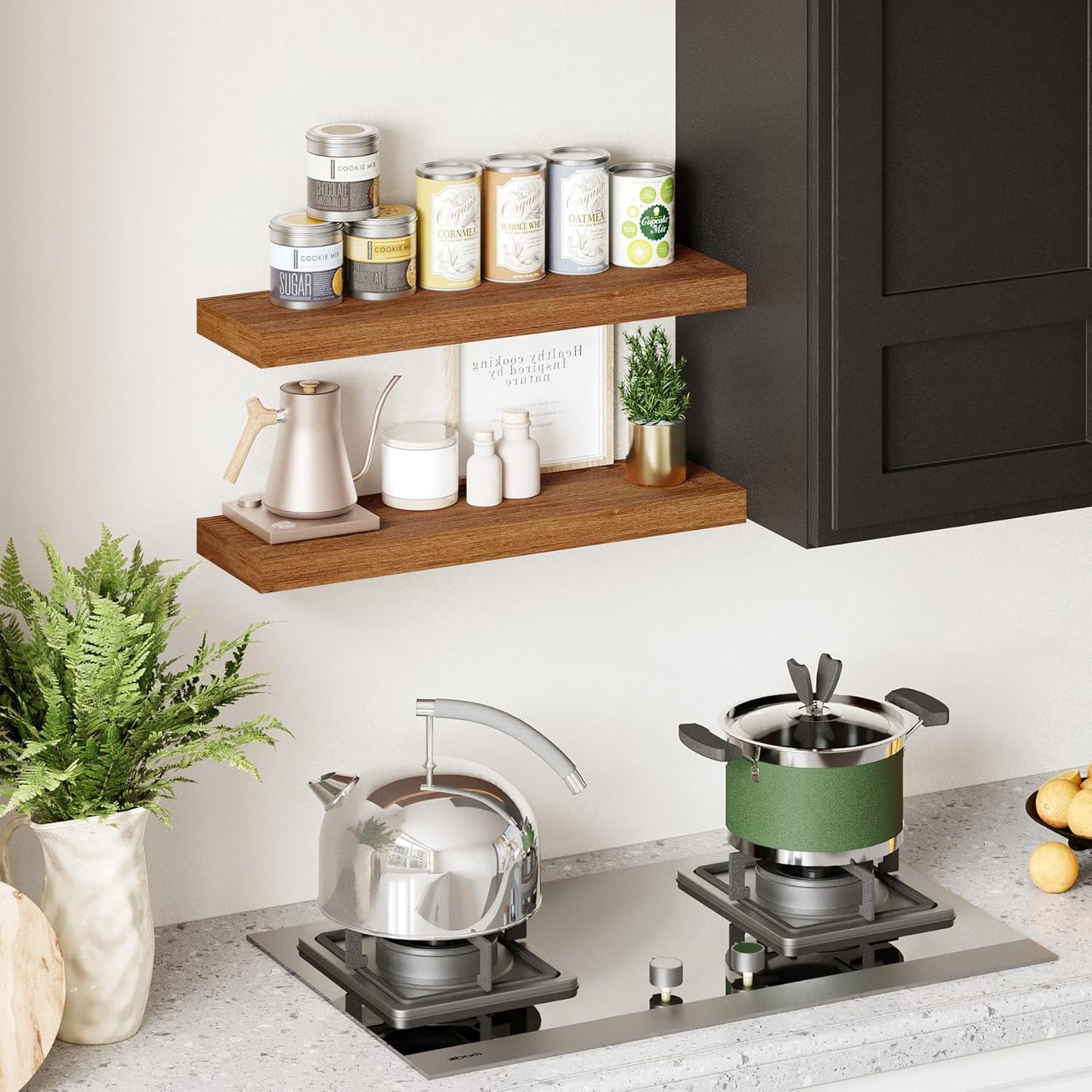 BAMEOS 24x6 Wall Shelf, 2-Shelf Modern Oak Floating Shelf Set for Bedroom, Bathroom, Kitchen Storage