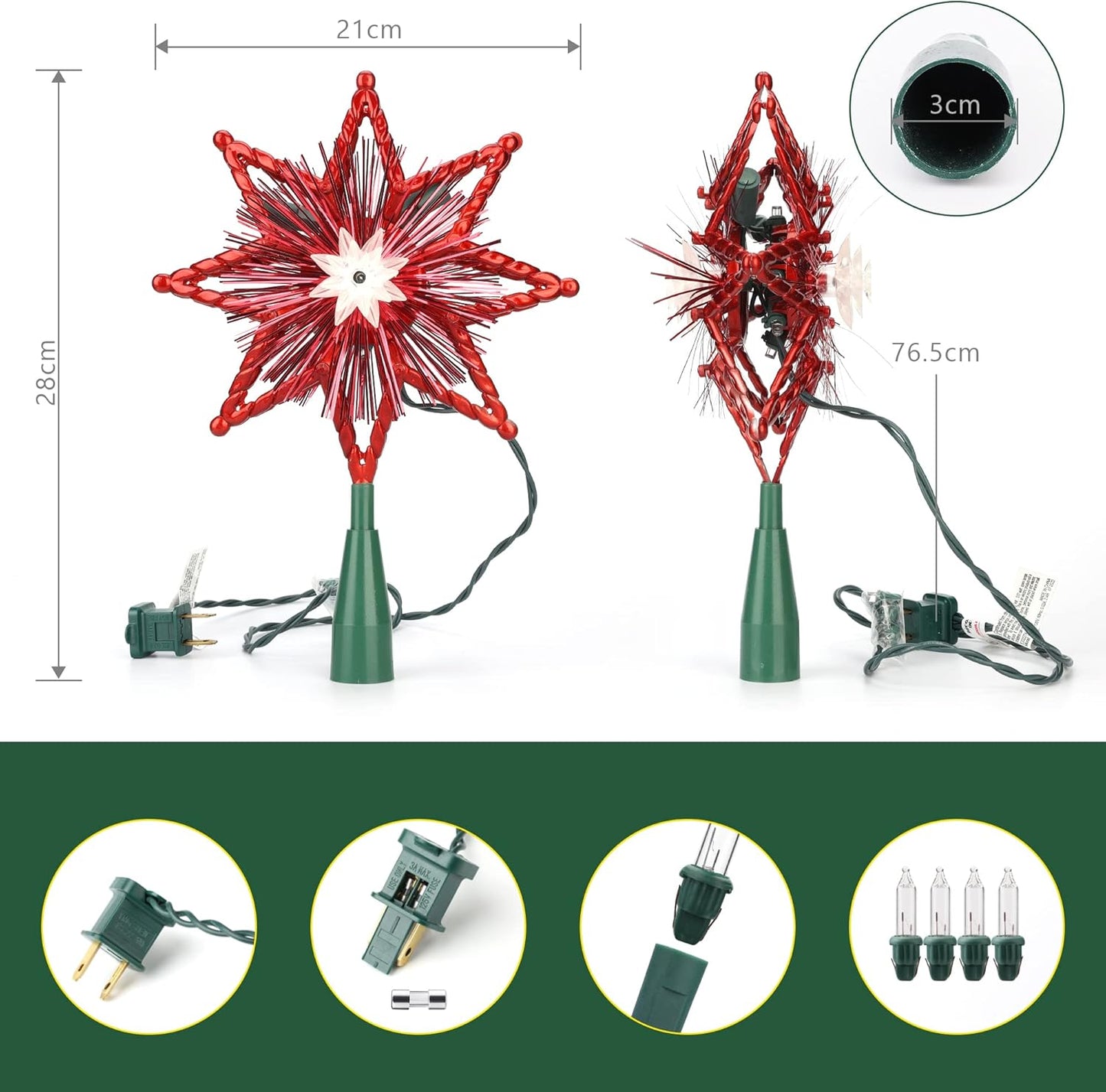 ODEETRONIC Christmas Tree Topper Lights, 8in 120V UL Certified Double Sided 8-Point Christmas Star Treetop, Plug in Indoor Xmas Tree Star-top for Christmas Tree Home Holiday Party Wedding Decor, Red