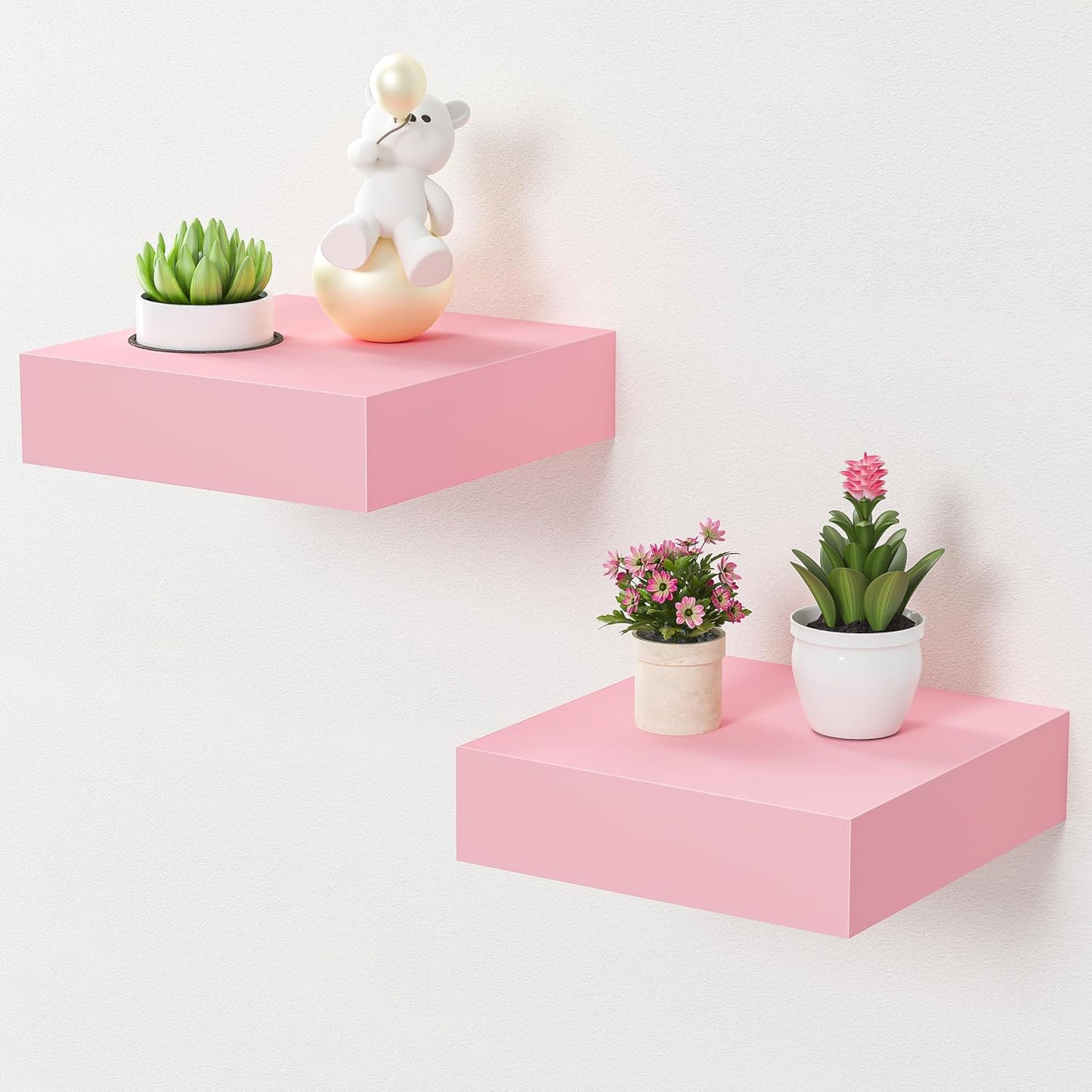 BAMEOS Pink Floating Shelves for Wall, 6" x 6" Wall Shelves for Room, Floating Book Shelves, Hanging Shelves for Bedroom, Bedroom, Living Room, Kitchen (Set of 2)