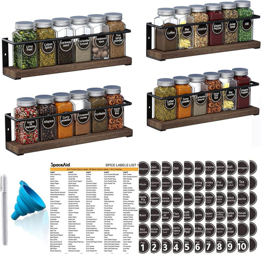 SpaceAid Spice Rack with 24 Spice Jars, 386 Spice Labels, Chalk Marker and Funnel, Wood Hanging Seasoning Shelf for Cabinet Door or Wall Mount (4 Pack)