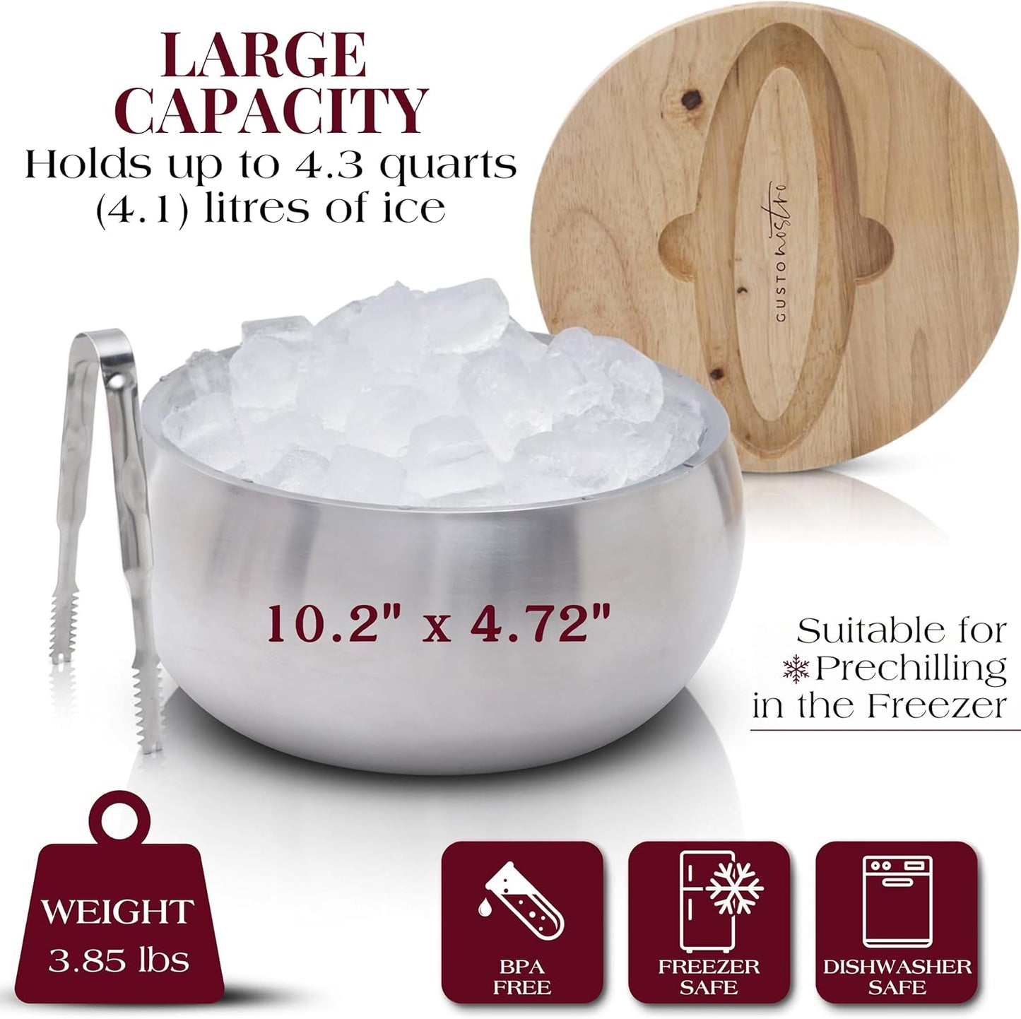 Gusto Nostro 4.1L Insulated Ice Bucket with Lid and Tongs, Double Wall Stainless Steel Ice Bucket Large, BPA Free Ice Bucket for Cocktail Bar, Keeps Champagne, Wine, Beer Chill for Parties