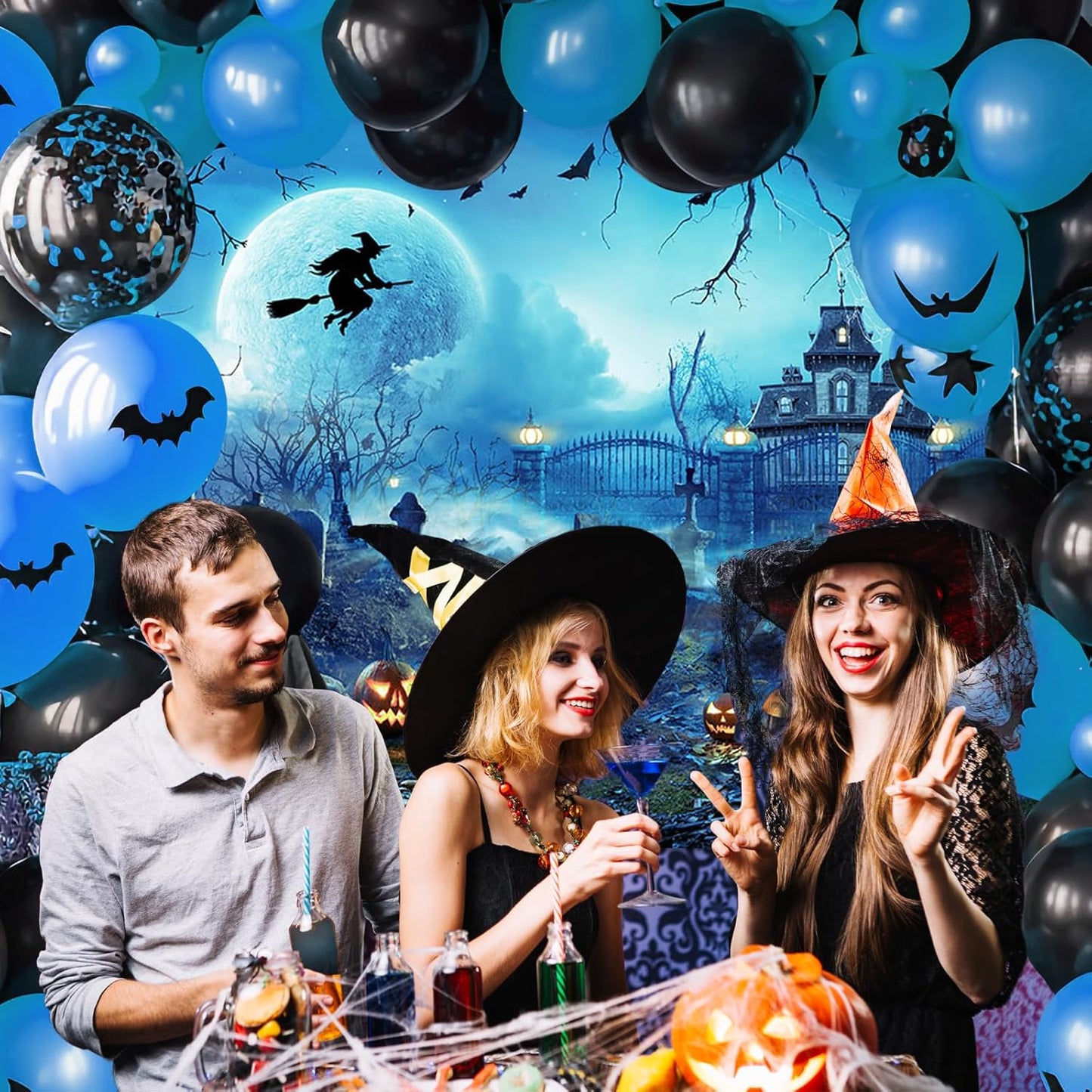 Avezano Halloween Photography Backdrop Full Moon Scary Night Castle Pumpkins Party Background Spooky Witch Bats Cemetery Child Kids Halloween Party Decorations Photoshoot Backdrops (7x5ft, Blue)