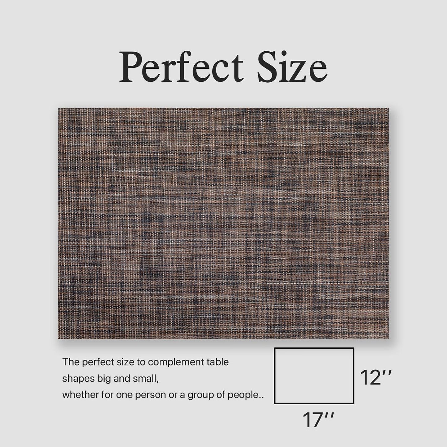 Placemats Set of 6 - Easy Clean Woven Vinyl Placemats for Dining Table, Indoor/Outdoor Place Mats, Washable PVC Table Mats（Black/Brown）