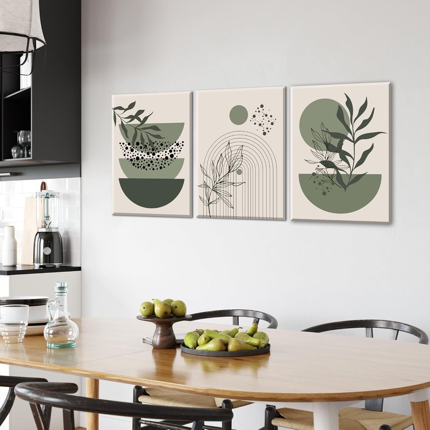 Sage Green Boho Wall Art Set of 3 Abstract Minimalist Geometric Line Poster Green Botanical Leaf Canvas Prints Modern Artwork Painting Decor for Living Room Bedroom Office 16x24 in Framed