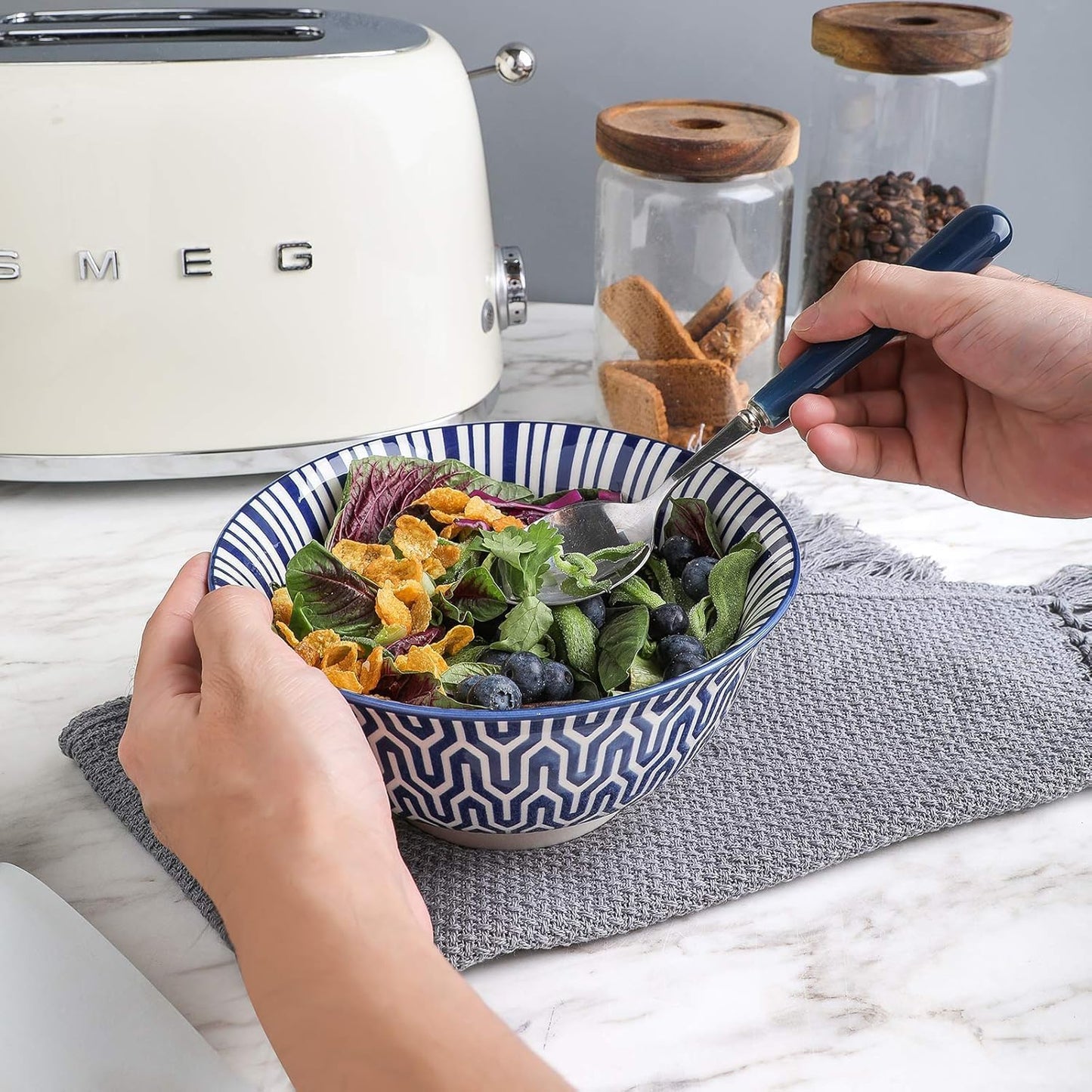 Selamica 7 inches Porcelain Cereal Bowl Set - Set of 6, Soup Bowls, Ceramic bowls for Cereal, Soup, Salad and Pasta, Vintage Blue