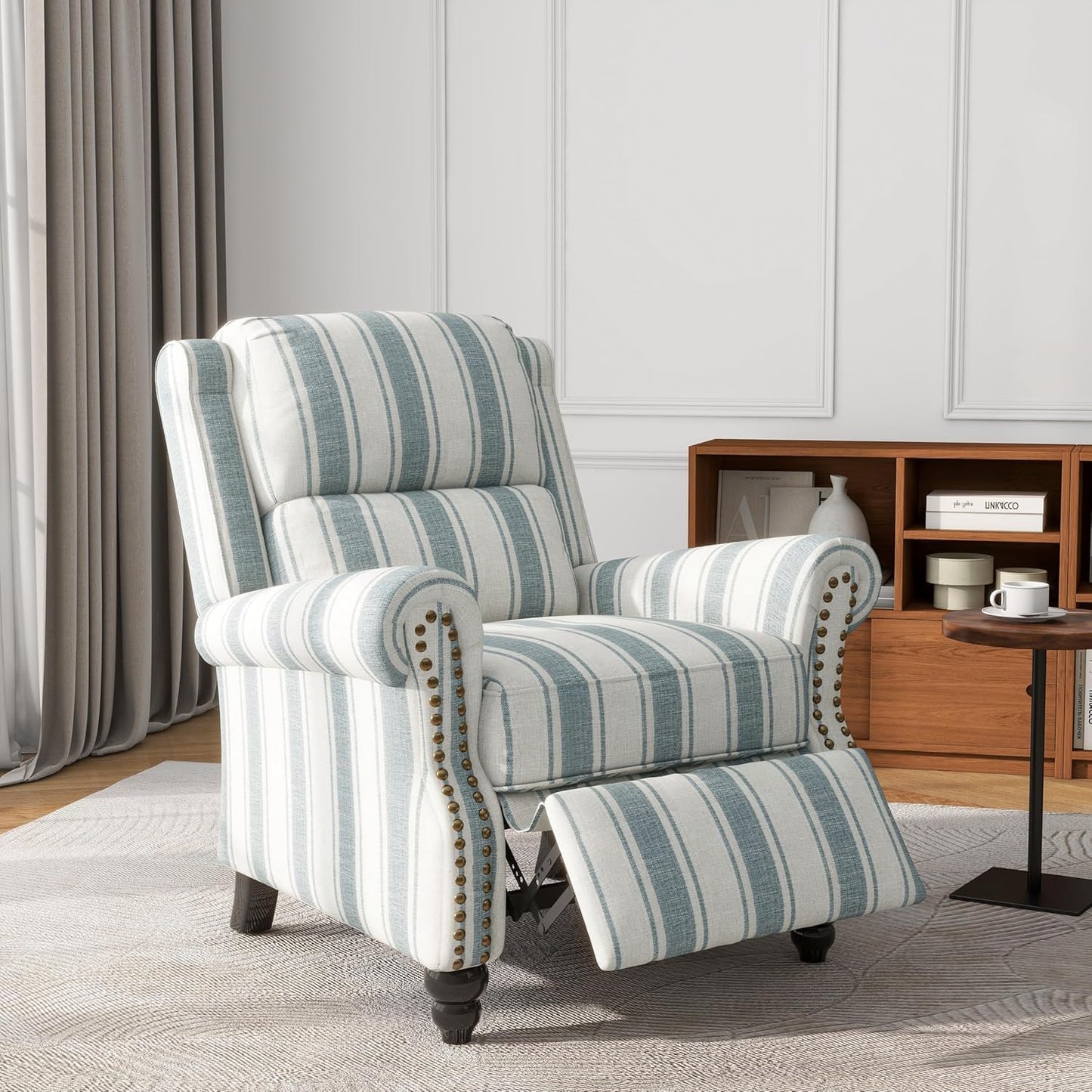 UIXE Pushback Recliner Chair, Fabric Armchair Push Back Accent Chair for Living Room, Rivet Trim Club Arm Chair Overstuffed Home Theater Single Sofa Bedroom Reading Seat with Footrest - Stripe Blue
