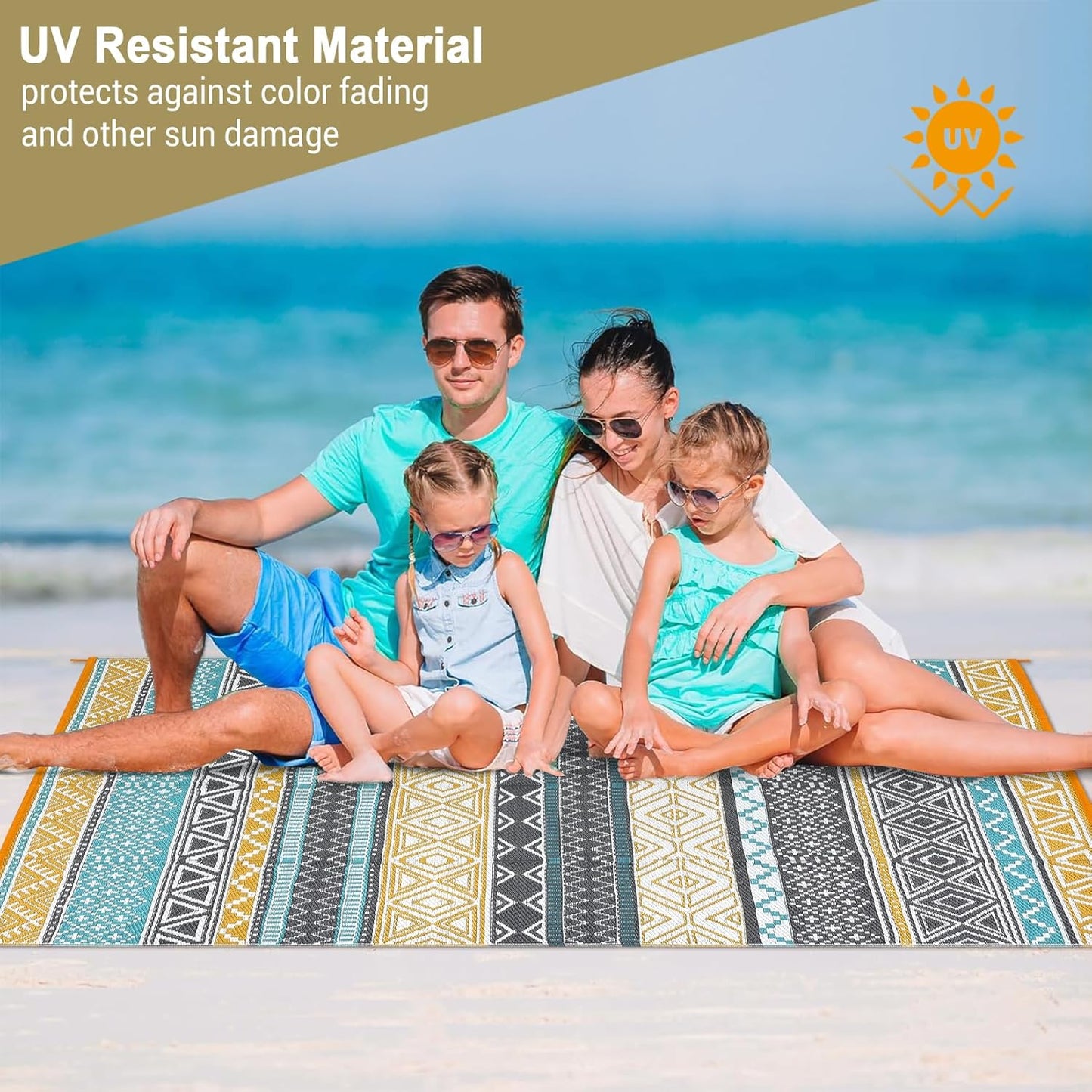 GAOMON Outdoor Rug Waterproof 8'x10', Reversible Outdoor Plastic Straw Rug, Boho Patio Rug, Indoor Outdoor Carpet, RV Mat Outside for Patio, Camp, Picnic, Balcony, Deck, Teal/Yellow(Bohemia)