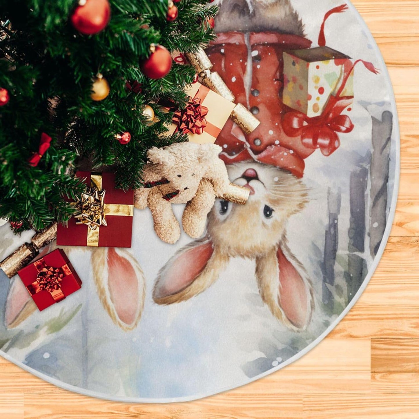 36 Inch Christmas Rabbit Tree Skirt for New Year Party Decorations and Xmas Tree Mat