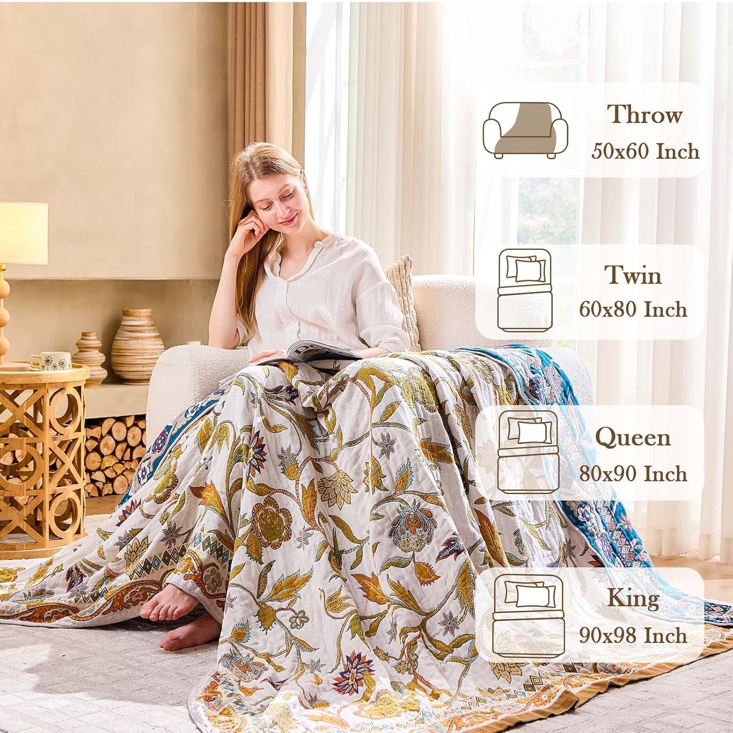 Fall Throw Blanket for Couch, Brown Boho Decorative Throw Blanket, 100% Cotton Muslin Breathable Woven Farmhouse Blankets Quilt, 60"x80" Reversible Lightweight Blankets Bohemian Throw Quilt