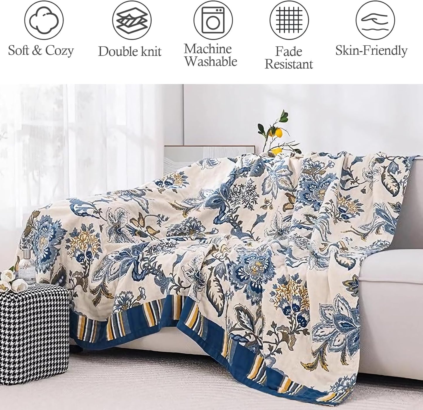 Snycler Boho Throw Blanket for Bed - 100% Cotton Ultra Soft Rustic Quilt - White Blue Floral Printed Farmhouse Decor Bed Blankets, 80"×90" All Season Rustic Throw for Sofa Couch Chair