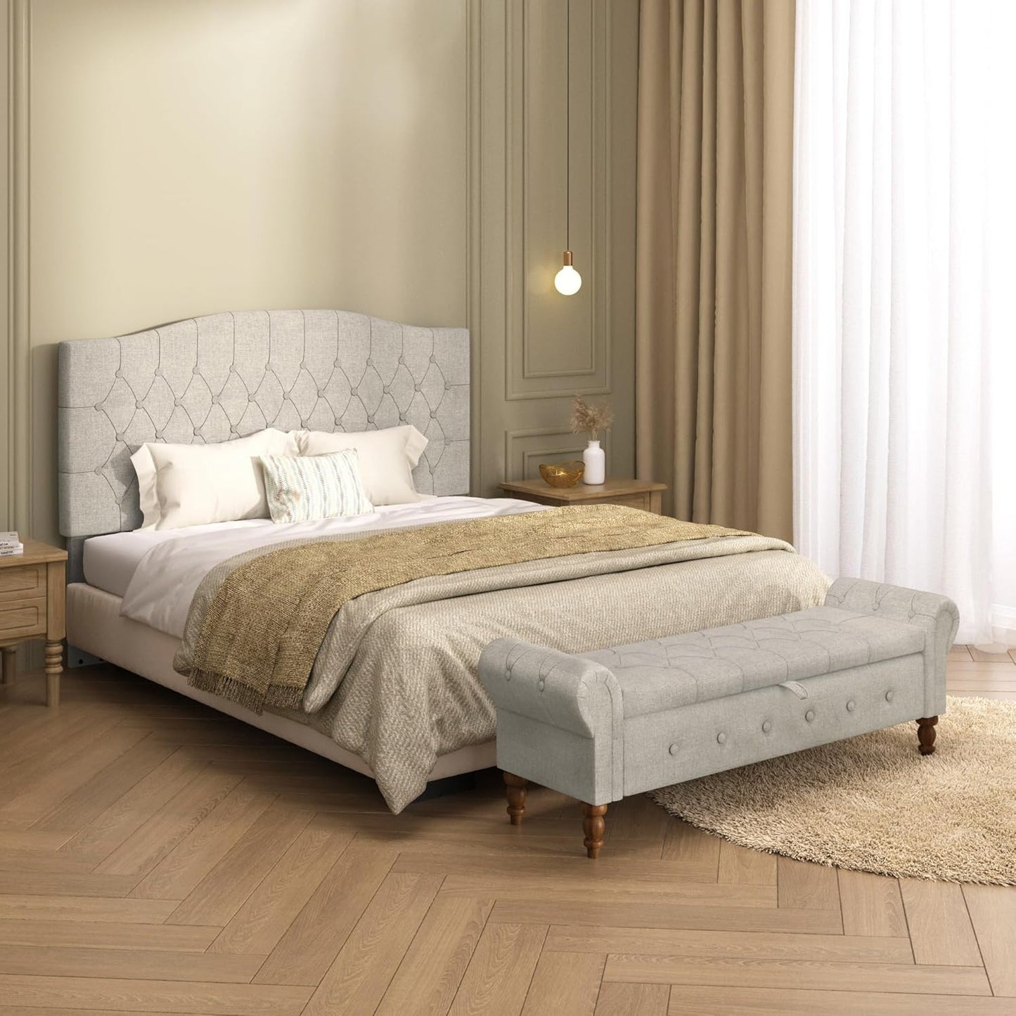 Storage Ottoman Bench for Bedroom, Linen 52" End of Bed Bench with Rolled Arms Upholstered Ottoman Bench Fit for Bedroom, Living Room, Entryway, Linen Gray