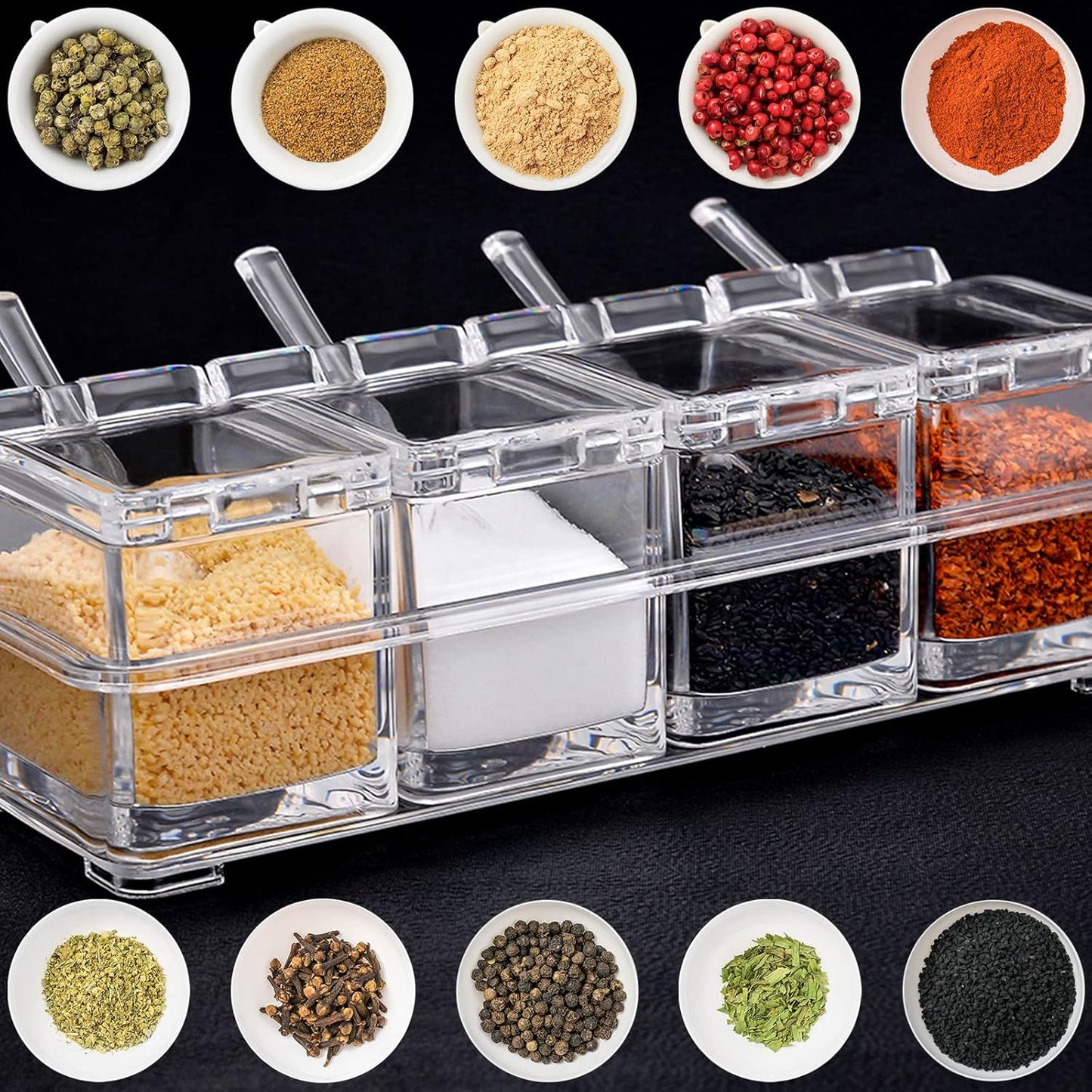 4 PCS Seasoning Box, Clear Spice Containers with Spoon, Acrylic Toppings Containers with Lids, Kitchen Multi Spice Box for Salt, Sugar, Pepper, Garlic Powder