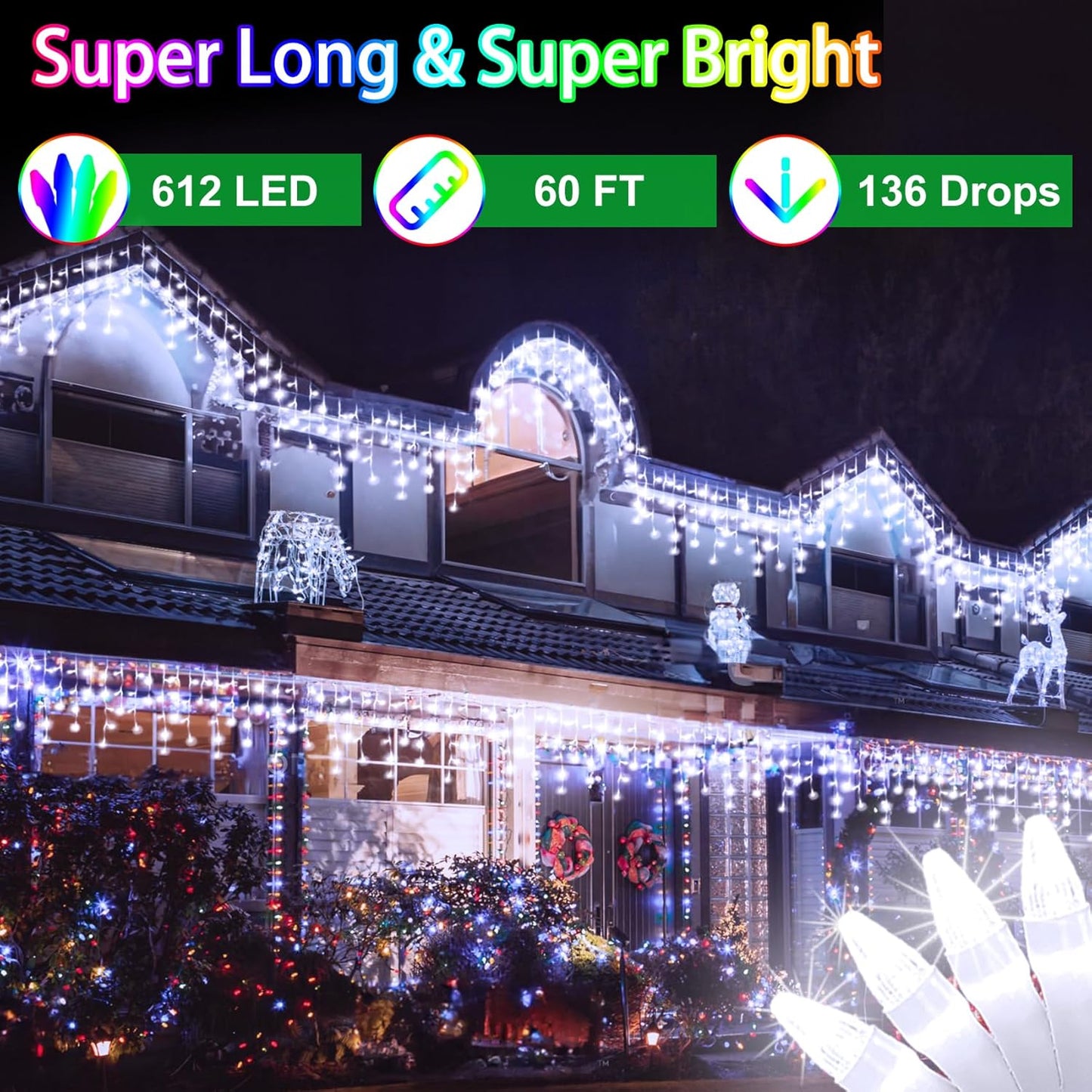 60FT 612 LED Outdoor Christmas Lights - 136 Ice Drops, 12 Pro Modes with Timer Memory & Brightness, Waterproof Hanging Ice String Light for Holiday Wedding Garden Fence House Decor (Cool White)