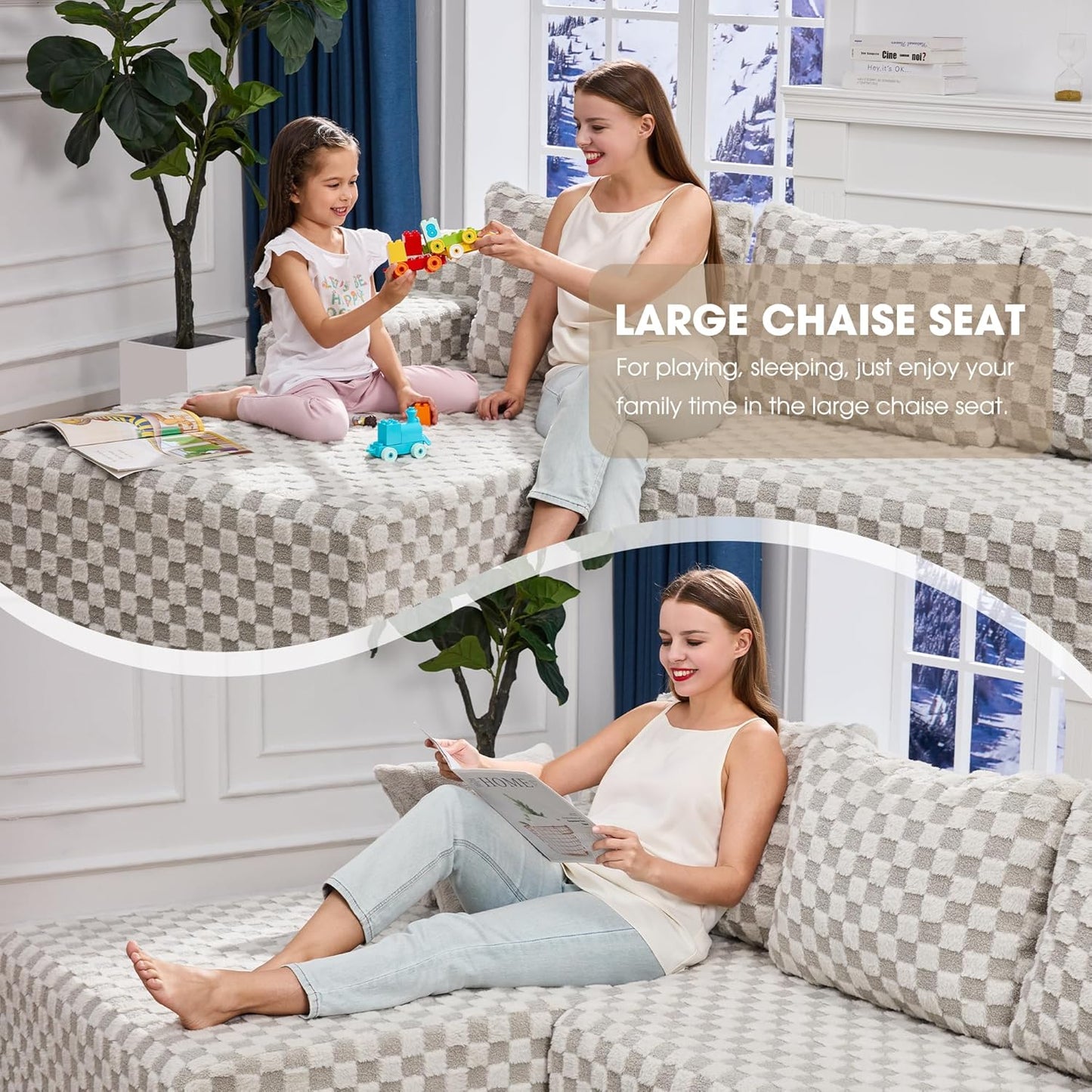 Hobestluk 96“ Modular Sectional Sofa Couches L-Shape Couch 3 Seat Modular Sofa Sectional Couches for Living Room, Cloud Couch with Oversized Chaise (Greygreen, Checked (Left Facing Chaise))