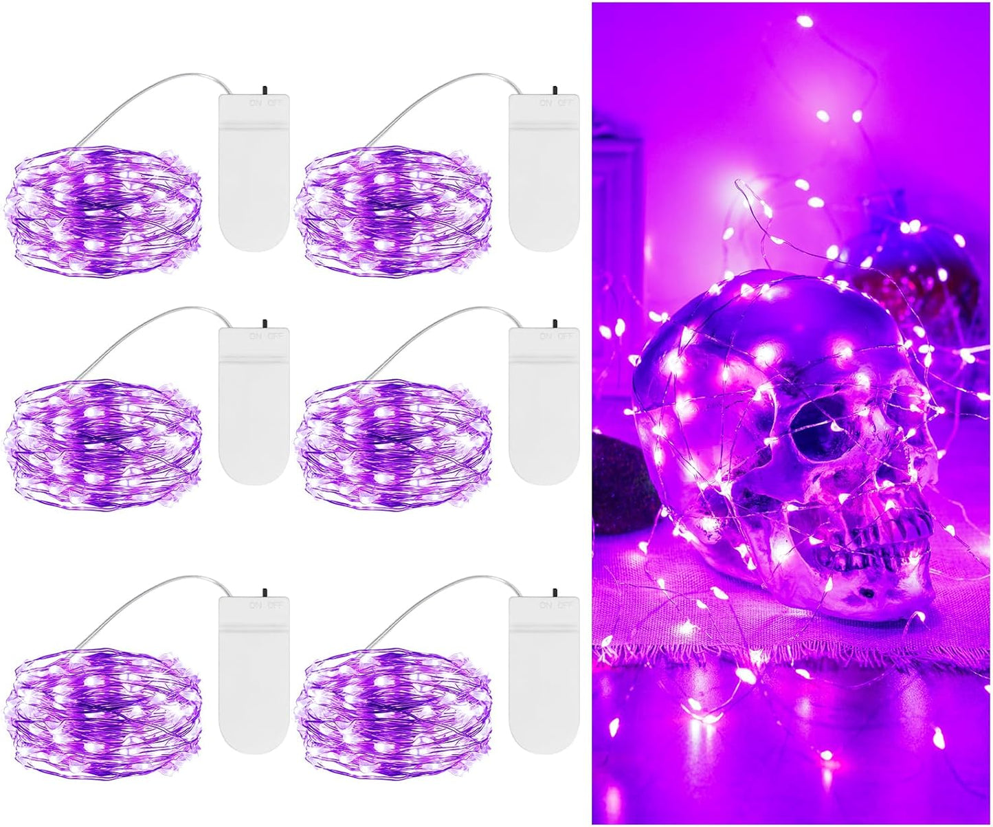 TingMiao Halloween Purple Fairy Lights Battery Operate,7.2ft 20 LEDs String Lights Silver Copper Wire for Hallowen Christmas DIY Decoration Wedding Party (6 Pack)