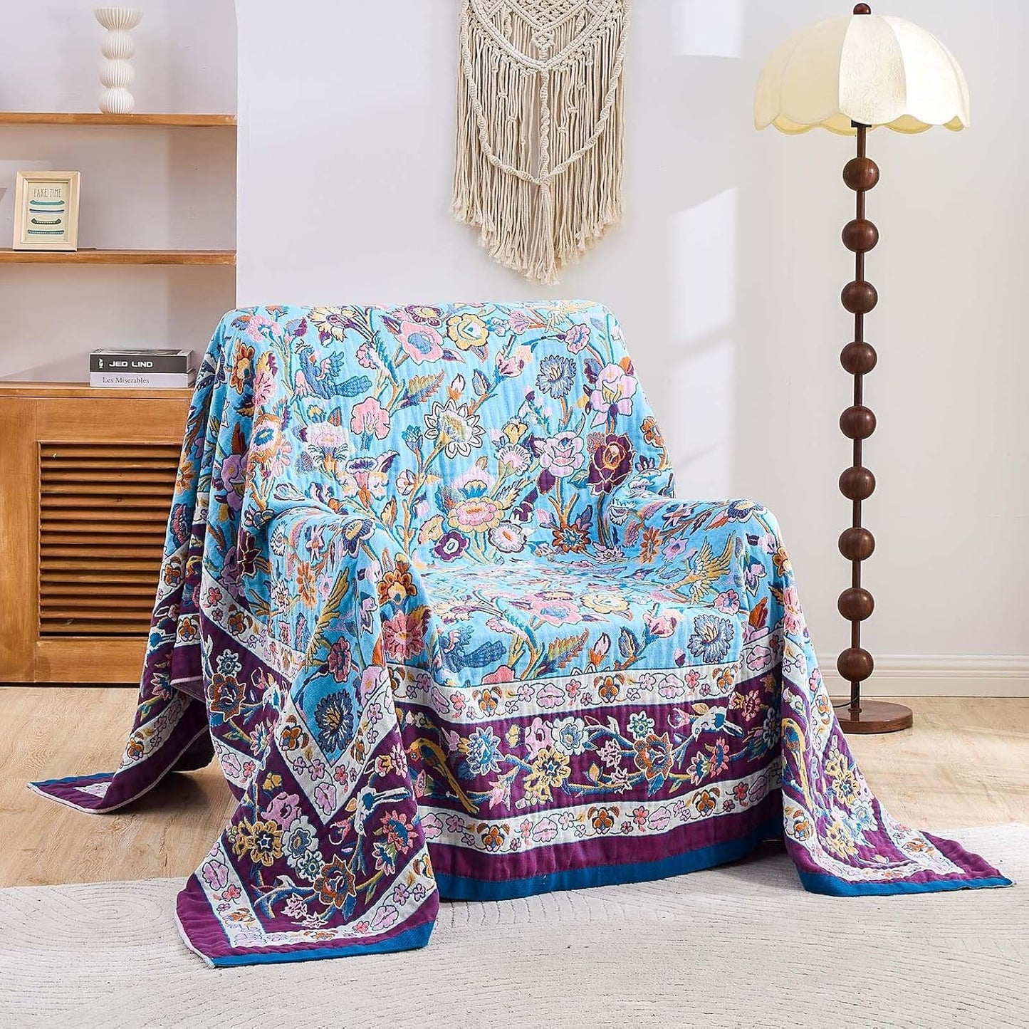 Fall Blanket for Bed, 100% Cotton Soft Rustic Boho Throw Blanket Quilt, 50"x60" Farmhouse Decor Bed Flower Blankets, Light Weight Reversible Bohemian Throw Quilt