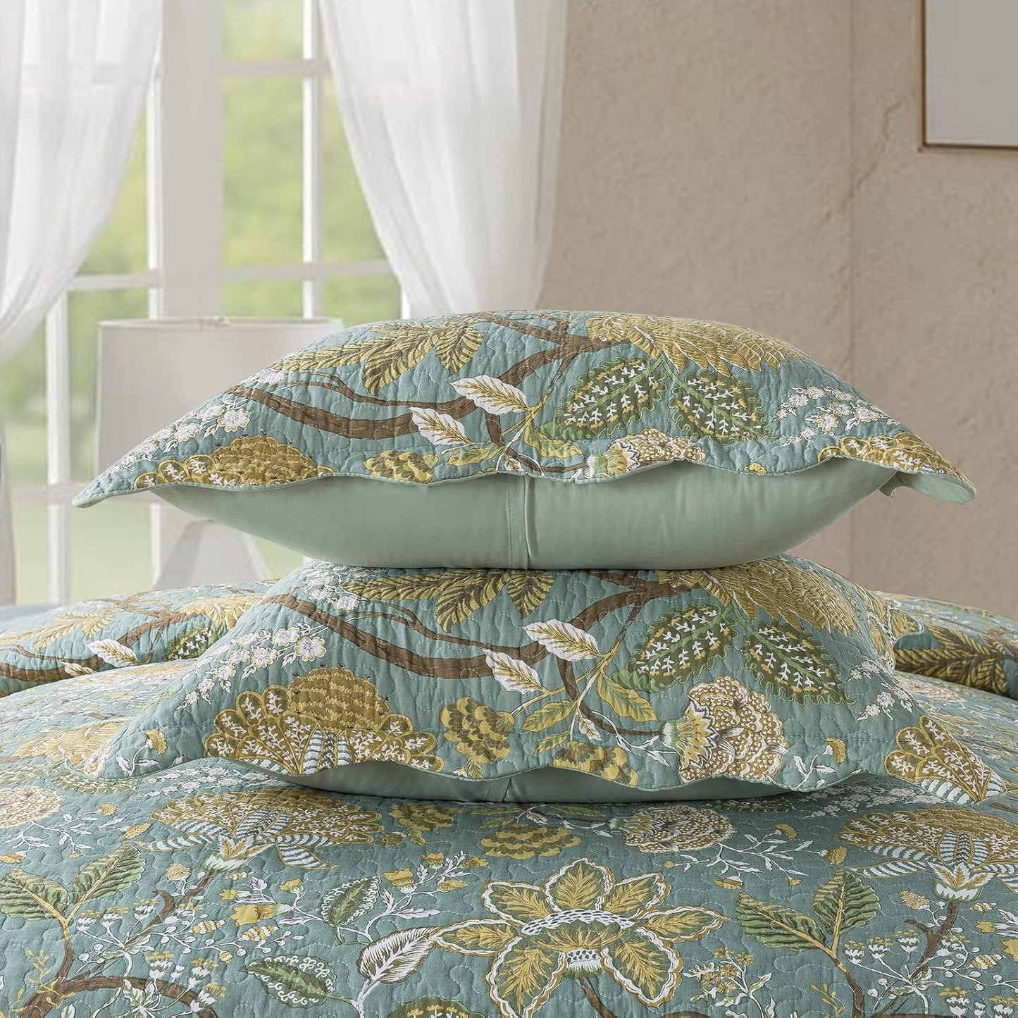 NEWLAKE Cotton Bedspread Quilt Sets-Reversible Patchwork Coverlet Set, Green Floral Pattern, Queen Size