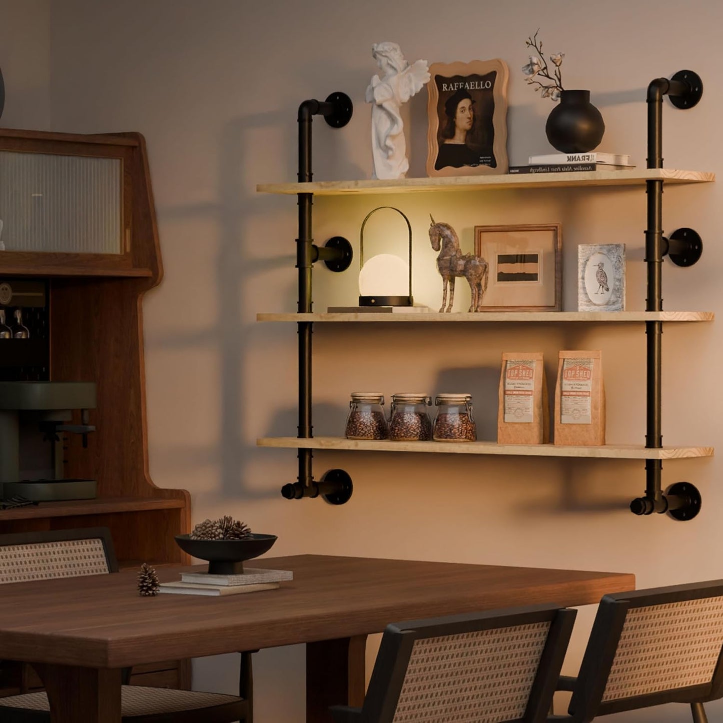 Industrial Pipe Wall Shelves Pipe Shelving with Real Wood Plank,48 Inches Floating Shelves for Wall Farmhouse Pipe Book Shelves Dark Brown 3 Tier for Kitchen,Living Room Decor and Bar Shelving