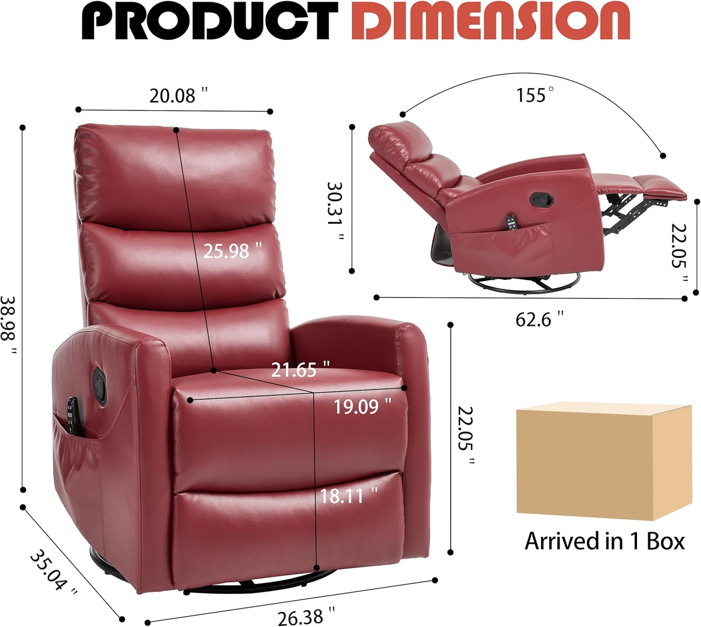 Manual Swivel Rocker Recliner Chair for Adults, Overstuffed Reclining Glider Chair for Nursing with Vibration Massage & Heat, Living Room Rocking Recliner 3-Stage backrest, Faux Leather Red