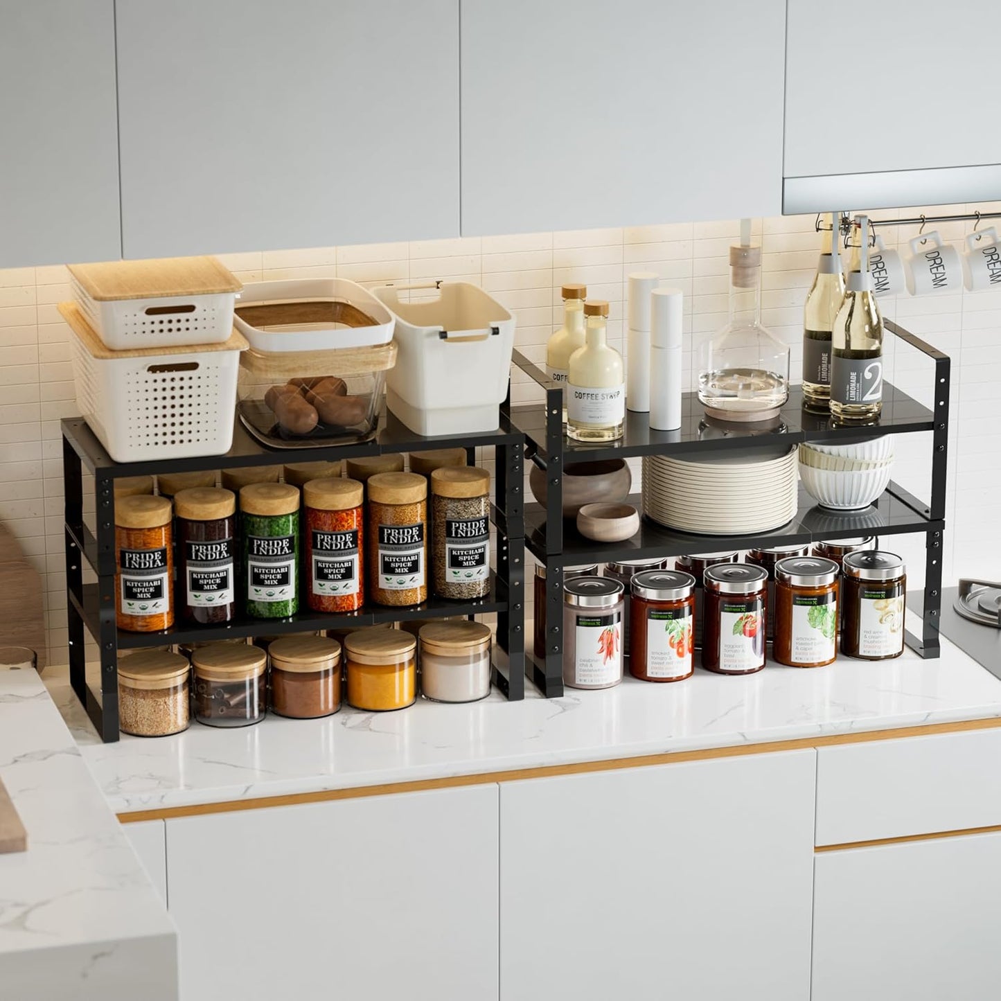 Expandable,Stackable Spice Rack,Seasoning Organizer and Storage,Spices Jar Racks for Cabinet,Countertop, Metal Pantry, Cupboard,Laundry Storages,Heavy Duty(2 Packs/Large/Black)