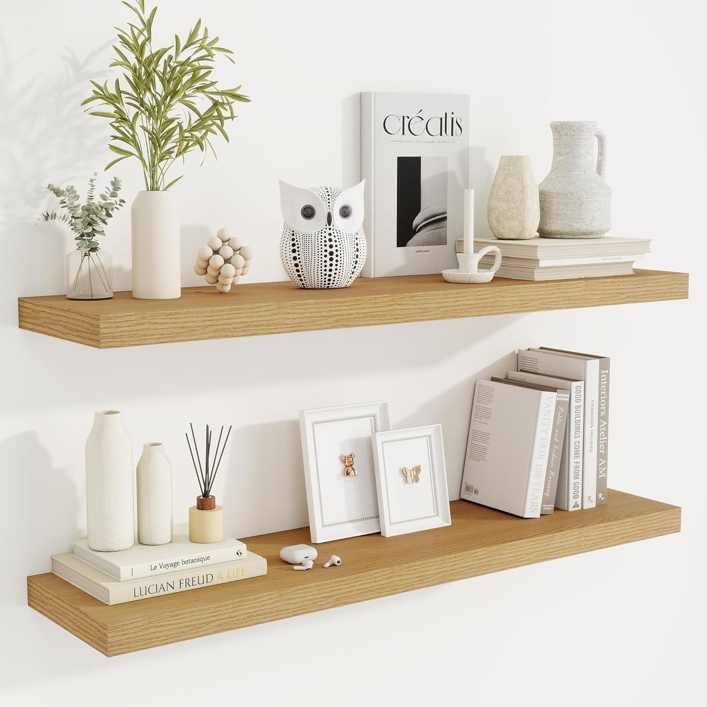 Fun Memories 40" Rustic Wood Floating Shelves with Invisible Brackets for Storage & Decor, Deep Wall Mounted Shelves for Bathroom, Kitchen, Living Room (Oak, Set of 2)