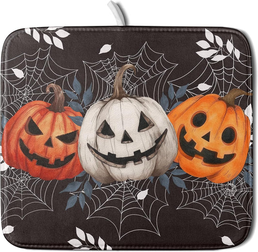Halloween Dish Drying Mat for Kitchen Counter Spooky Pumpkins Spiderweb Super Absorbent Reversible Microfiber Kitchen Countertop Protector Dishes Pad Small 16x18 inch