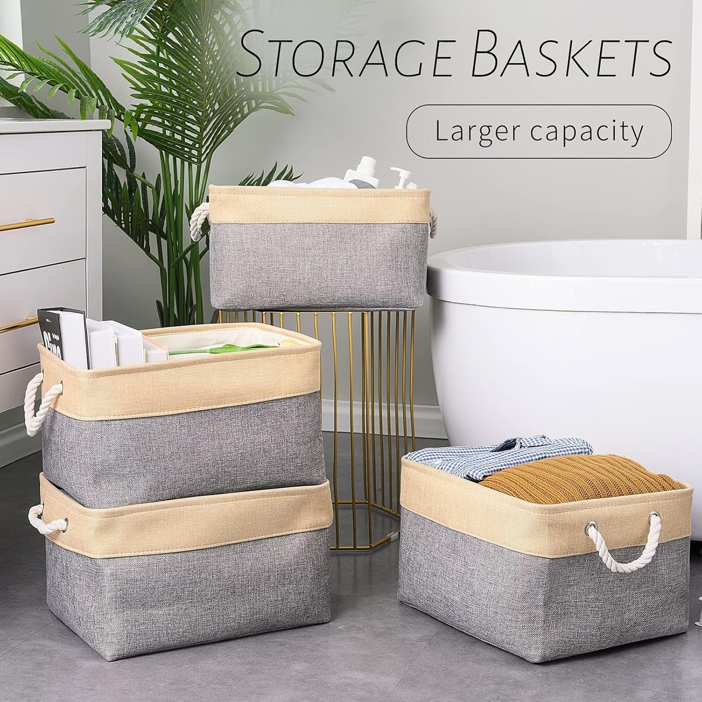 Organization and Storage Basket for Organizing - Large 4 Pack 16x12x8 inch Collapsible Baskets for Shelves Fabric Storage Cube, Storage Bins for Laundry Cloth Books Gift (Gold & Grey)