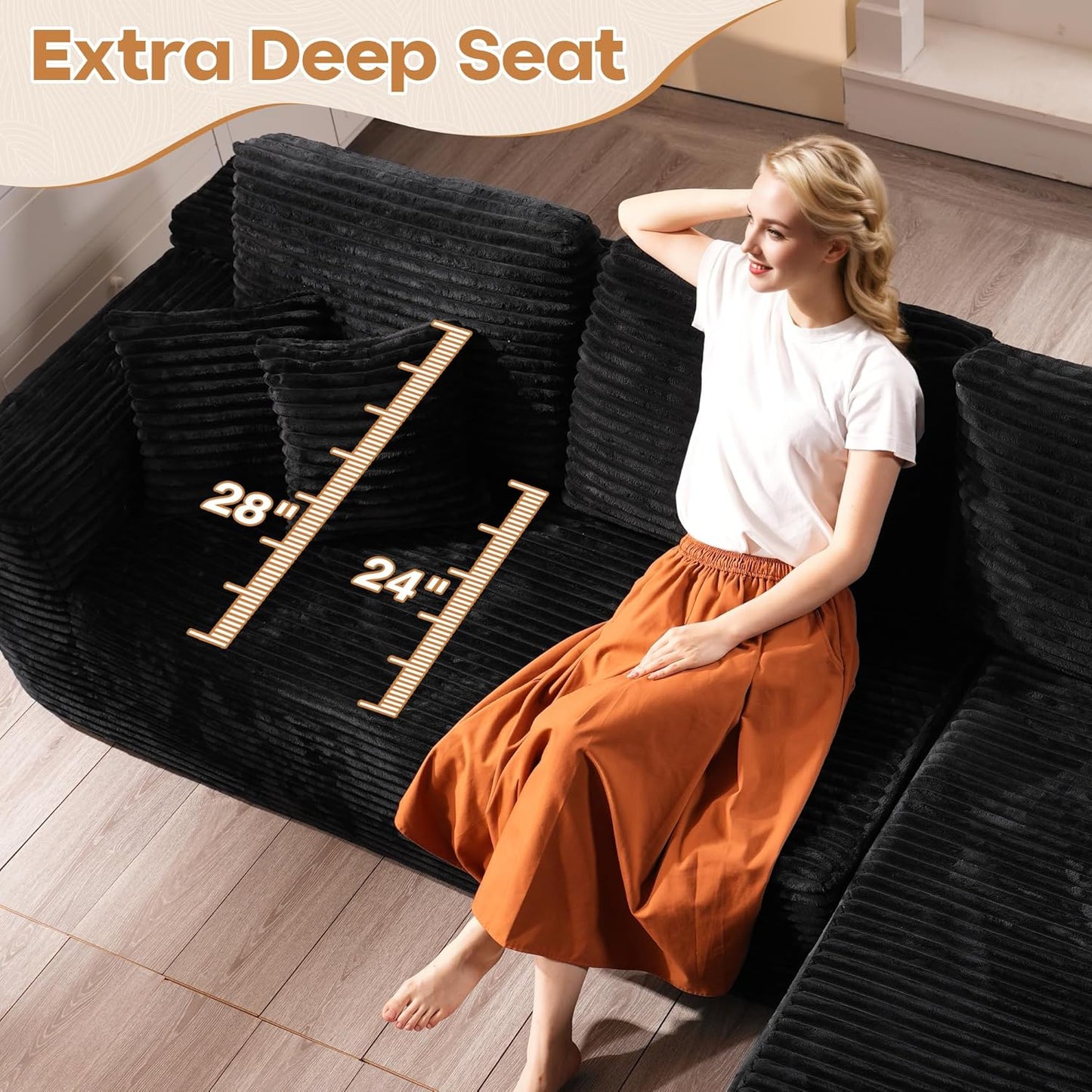 Cloud Sectional Couches for Living Room,U Shaped Modular Sofas No Assembly,165x107 Inches Plush Corduroy Oversized Floor Couch Set with Deep Seat Chaise,Black