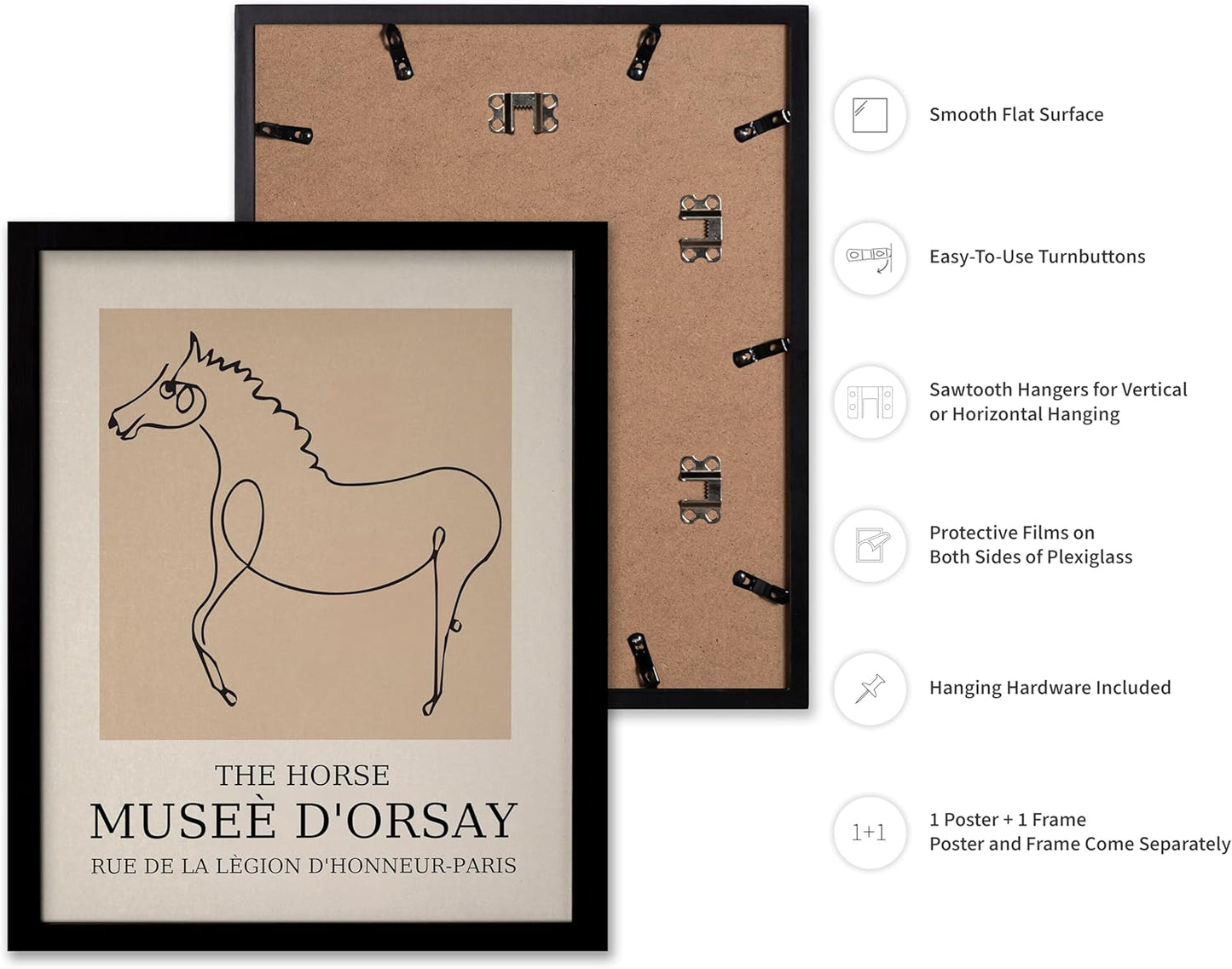 Poster Master Vintage Poster - Retro Minimalist Print - Gift for Artist, Friend - Horse, Line Drawing, Sketch, Abstract - Wall Decor for Living Room, Bedroom, 11x14 Black Framed