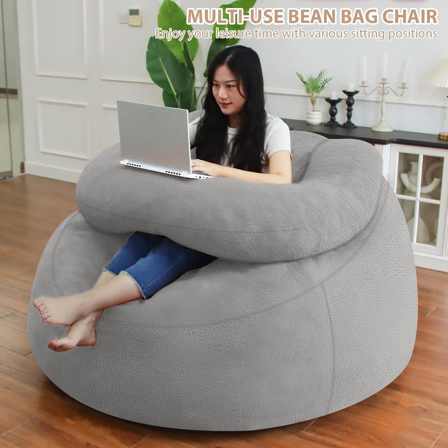 HABUTWAY Bean Bag Chair with U-shaped Pillow for Adult and Kids Big BeanBag Chair with Filling Ultra Soft Faux Fur Couch Chair with Washable Cover for Living Room Bedroom Office,Light Grey& Light Grey